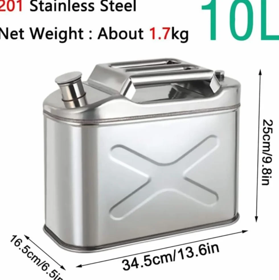Tanica per benzina, in acciaio inox, con tubo del carburante, ideale per benzina, olio commestibile o acqua, per moto, automobili, tosaerba, barca, campeggio, 10 l