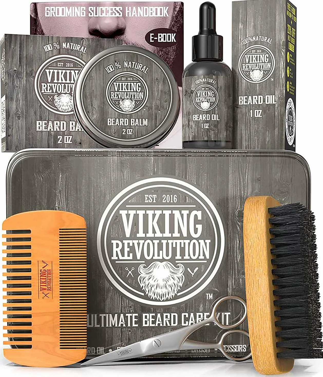 Viking Revolution Kit Barba Uomo Spazzola Setola Cinghiale Pettine Balsamo Olio Forbici Scatola Metallica Regalo