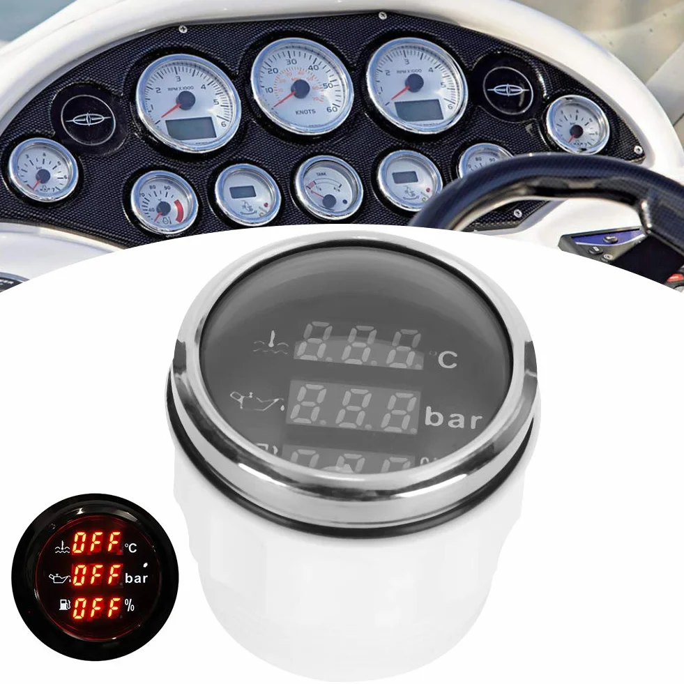 Indicatore Multifunzione 3 in 1 Indicatore Digitale Temperatura Dell'acqua di Raffreddamento Pressione Dell'olio Volume Dell'olio 52MM con Funzione di Allarme Per Car Boat RV(Piastra frontale nera)