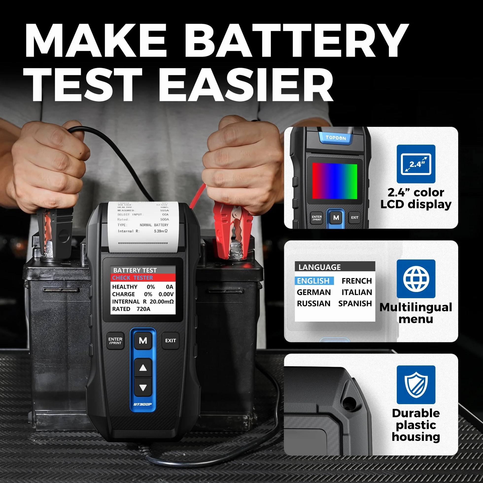 Tester Batteria per AutoTOPDON BT300P, 12V 24V Tester Batteria Con Stampante Analizzatore Professionale Della Batteria Dell'automobile Per Le Batterie 100-2000CCA