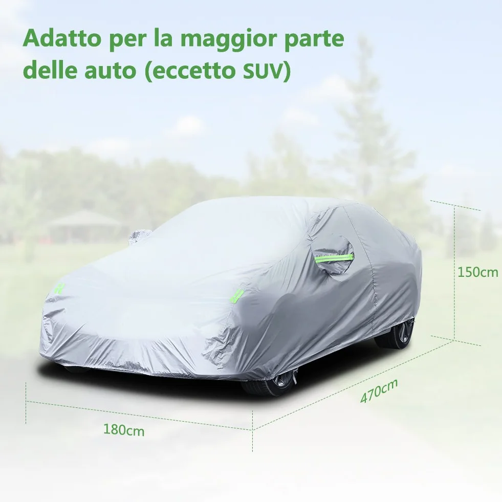 Telo Copriauto Impermeabile Antipolvere Anti UV Anti Vento 470 x 180 x 150 cm Universale Argento