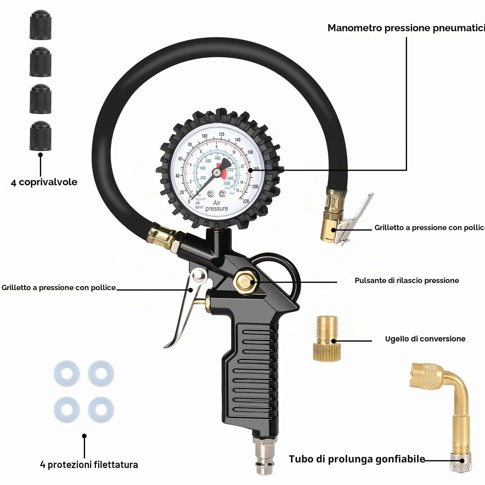 Manometro Pressione Gomme 220 PSI 16 BAR con Tubo Flessibile per Auto Moto