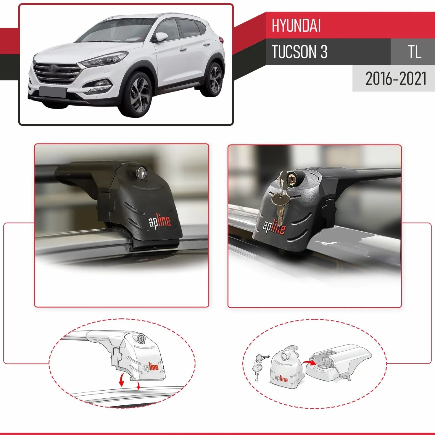 Compatibile con Hyundai Tucson 3 (TL) 2016-2021 Ace-2 Barre Tetto Portapacchi Auto Barre Portatutto Nero Alluminio 2 Barre