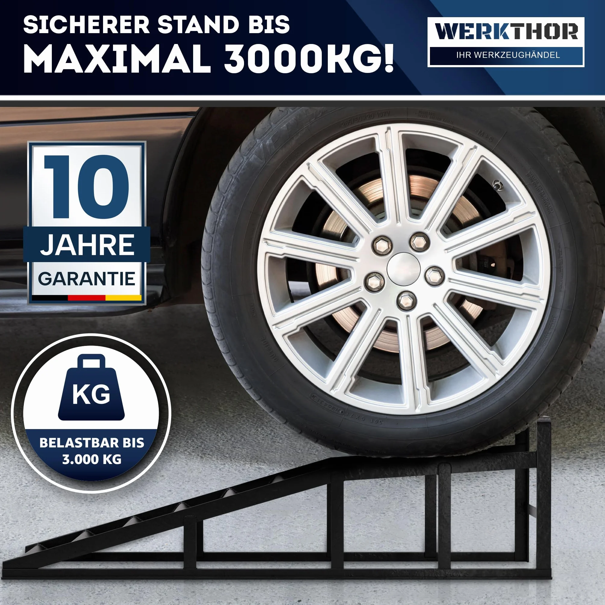 WERKTHOR Rampe Sollevamento Auto in Metallo [Set di 2] – Rampe per Auto Fino a <3t – Rampa Alta Resistenza per Ogni Superficie – Pedane Auto Robuste