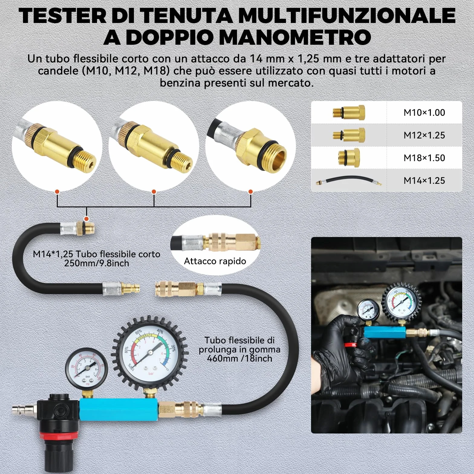 Set di 46 Tester di Compressione Professionale per Auto, Tester di Perdita di Pressione per Motori Diesel e Benzina con Adattatore per Auto, Camion, Moto