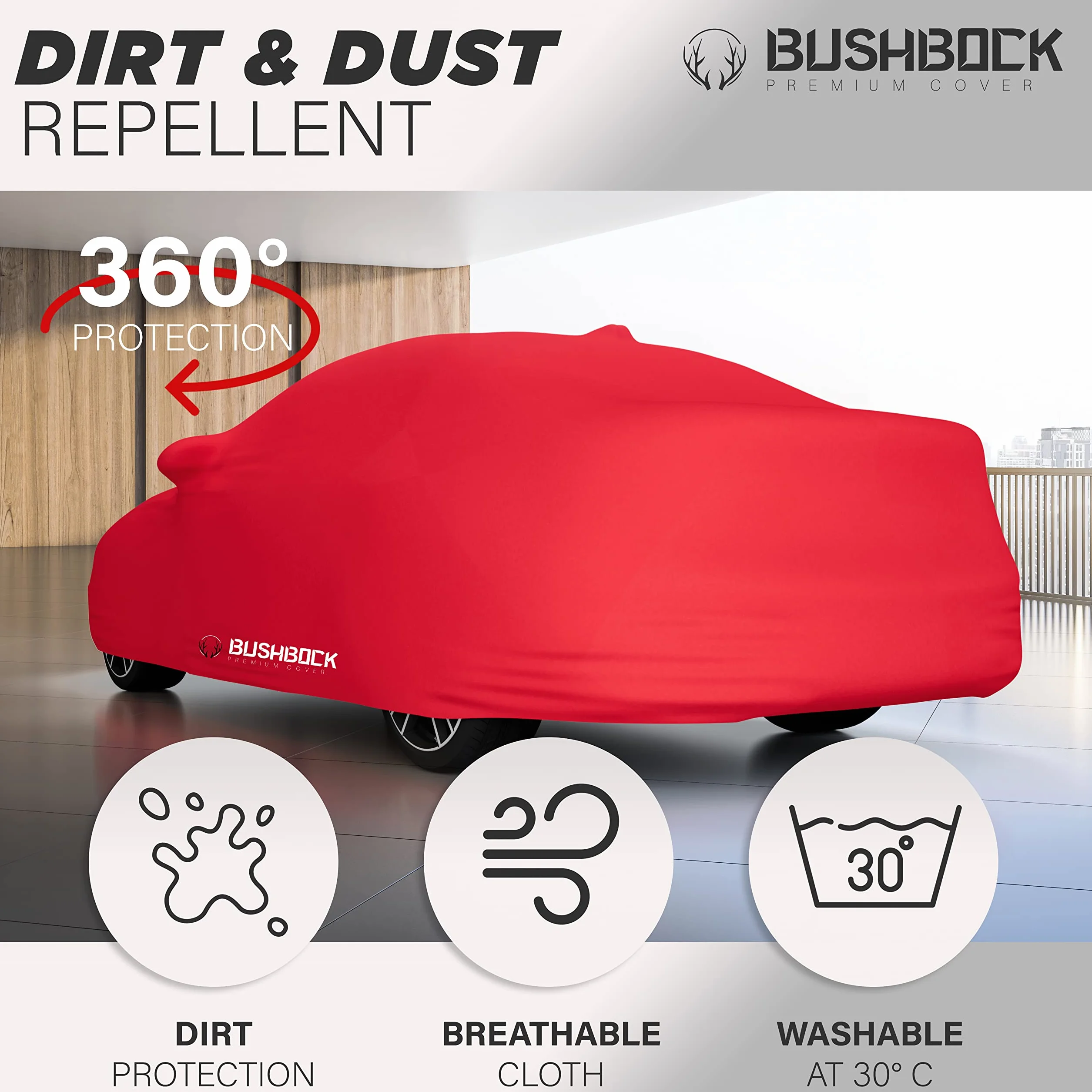 BUSHBOCK Premium Copertura per auto da interno compatibile con tutte le principali Car, Tessuto Elastico, Traspirante e Antipolvere, Morbido al Tatto (M, Rosso)