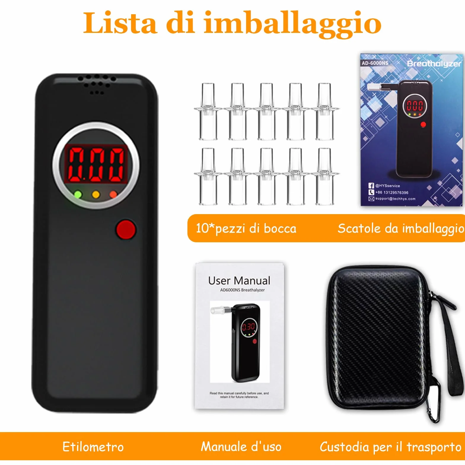 Etilometro Portatile, Alcol Test con Display LCD a Colori Digitali, Etilometro Certificato per Uso Domestico e Professionale, Codice Della Strada, Tester di Alcol con Bocchetti di 10 Pezzi (Nero)