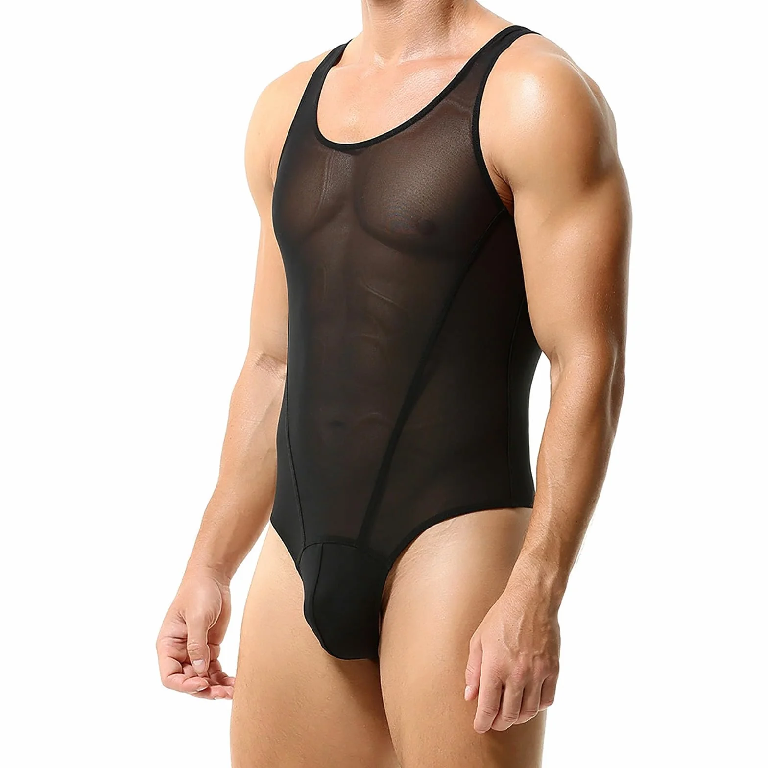 Body sexy da uomo in rete trasparente scollo rotondo taglia unica con perizoma