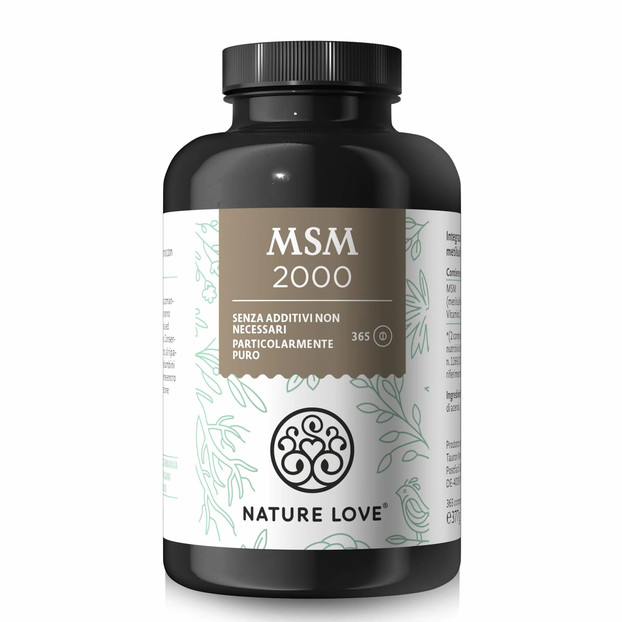 NATURE LOVE® MSM 2000 mg con vitamina C - 365 compresse - Integratore vegano ad alto dosaggio