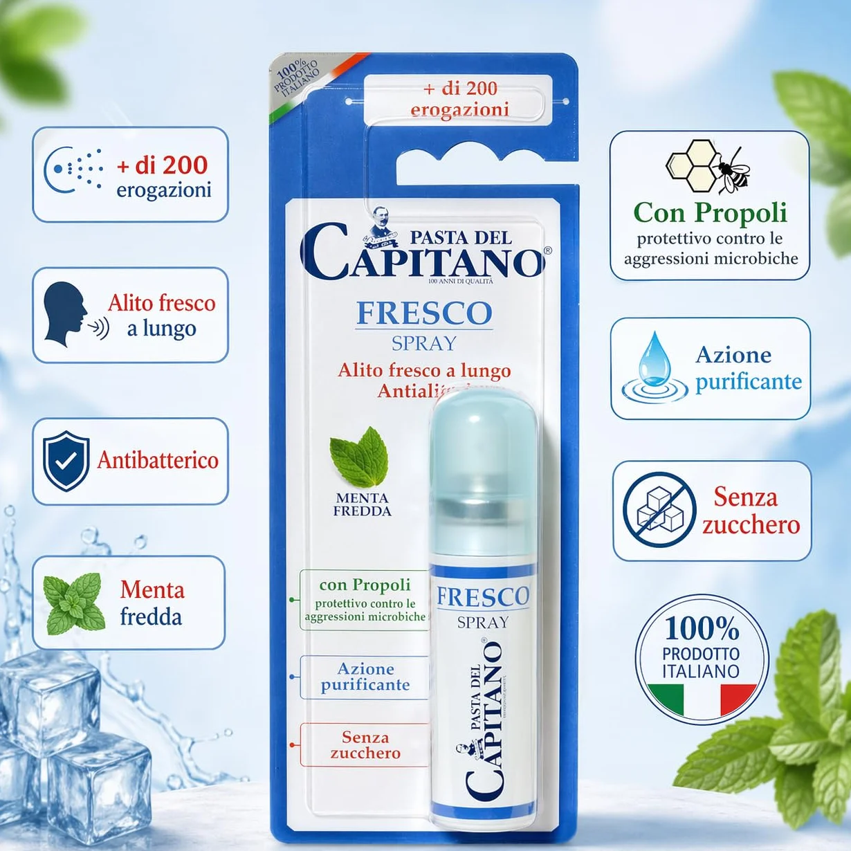Pasta del Capitano Spray Alito Fresco 15 ml, Spray Orale Antialitosi, Antibatterico con Propoli, Zinco e Menta Fredda