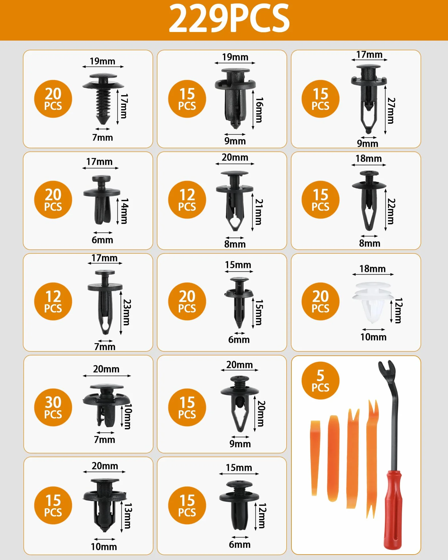 Set rivetti ad espansione e clip di fissaggio per auto – rivetti in plastica per auto, clip di fissaggio auto e viti per carrozzeria per pannelli porta, paraurti e parafanghi, assortimento 229 pz