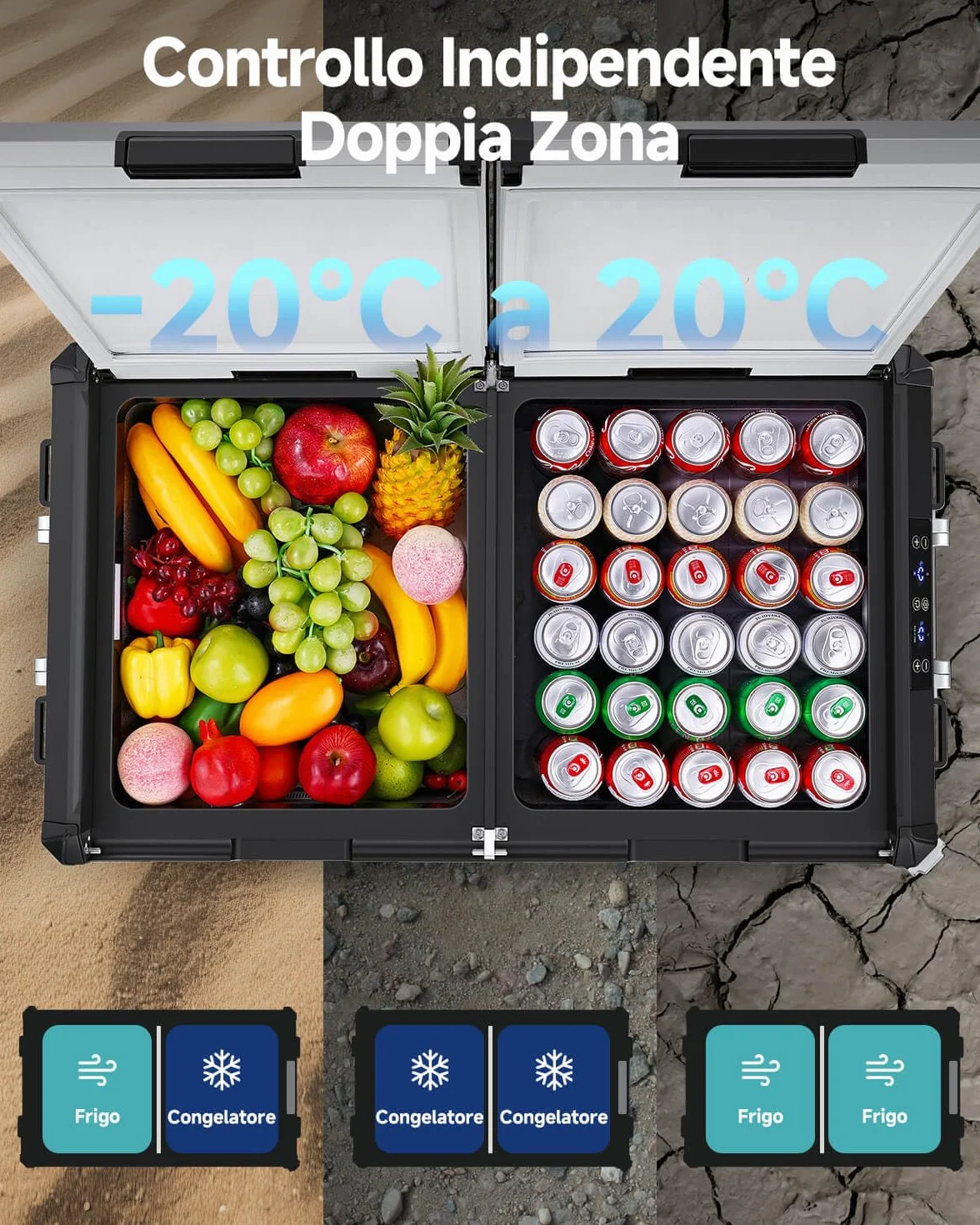 AAOBOSI Frigo Portatile Doppia Zona 75L, Scocca Acciaio Inox & Interno in Alluminio Stampato, 12/24V & 100-240V, Frigo Da Campeggio APP Controllo,Frigorifero Per Auto, Camper，Nautica. Contenitore