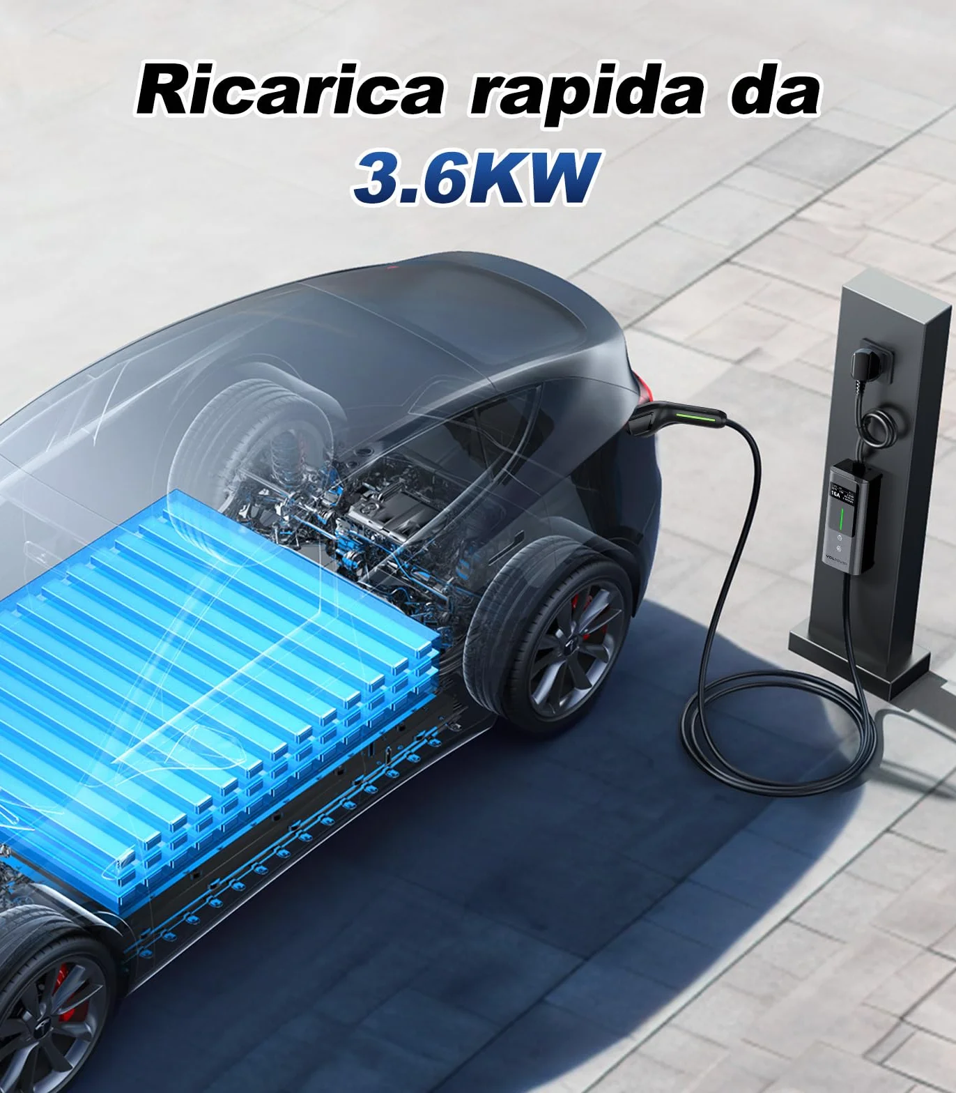Cavo Ricarica Auto Elettrica 5m 3,6kW 16A Tipo 2 Schuko Wallbox LCD Controllo Digitale