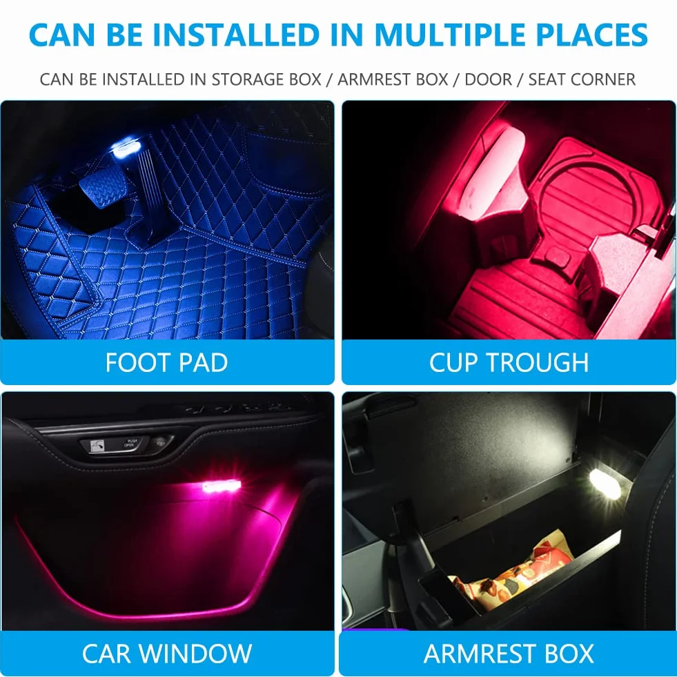 LED Luci per Auto Interni 2 Pezzi 7 Colori RGB USB Ricaricabile con Interruttore Tattile