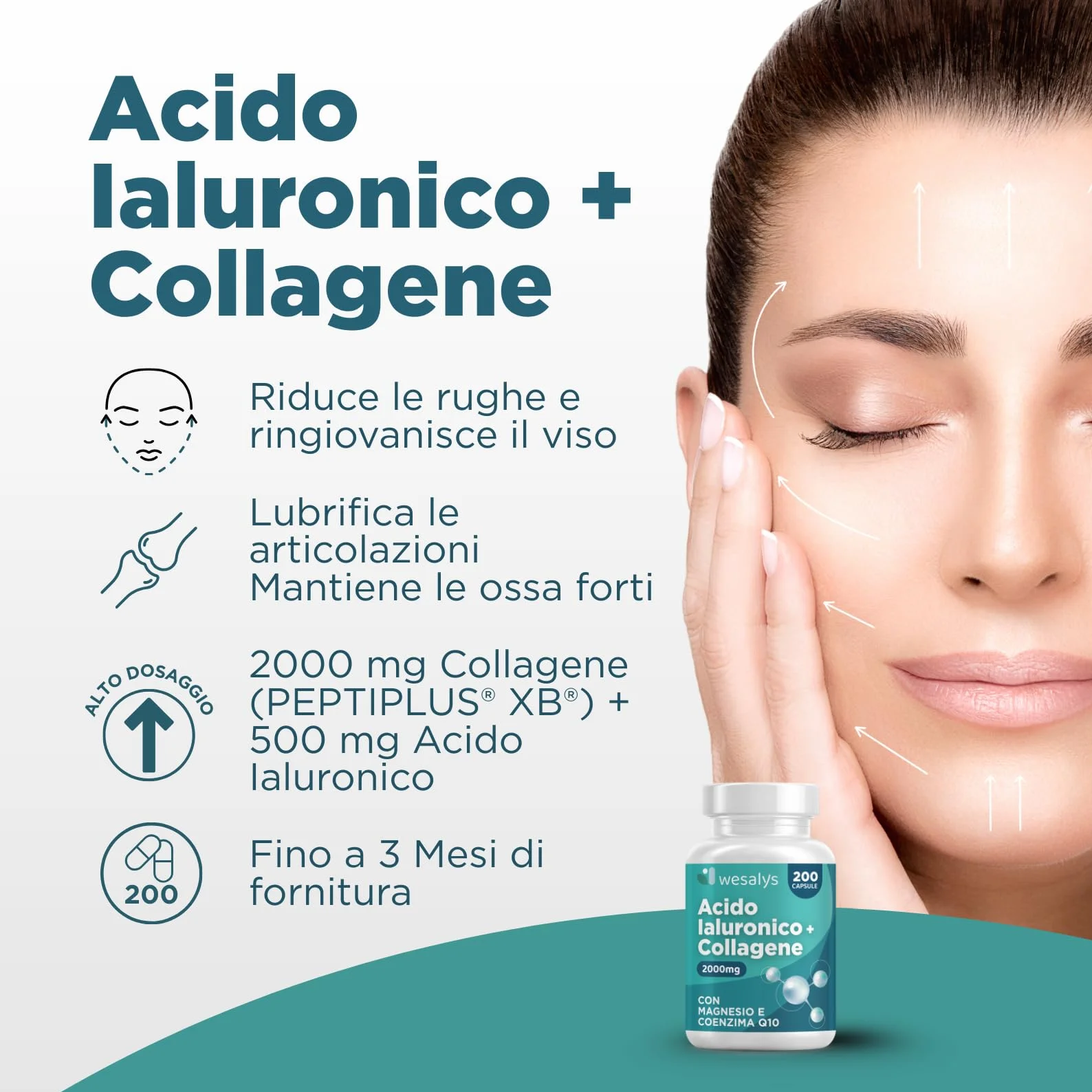 Collagene Idrolizzato 2000mg + Acido Ialuronico 500mg 200 Capsule Integratore con Vitamina C Coenzima Q10 Zinco