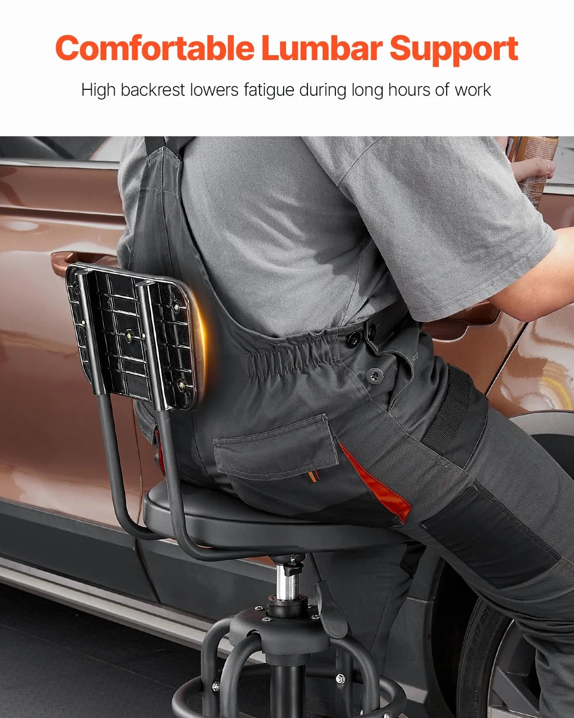 VEVOR Sgabello da Officina Girevole 360° con Schienale, Sedile Regolabile in Altezza, Capacità 136 kg, Nero