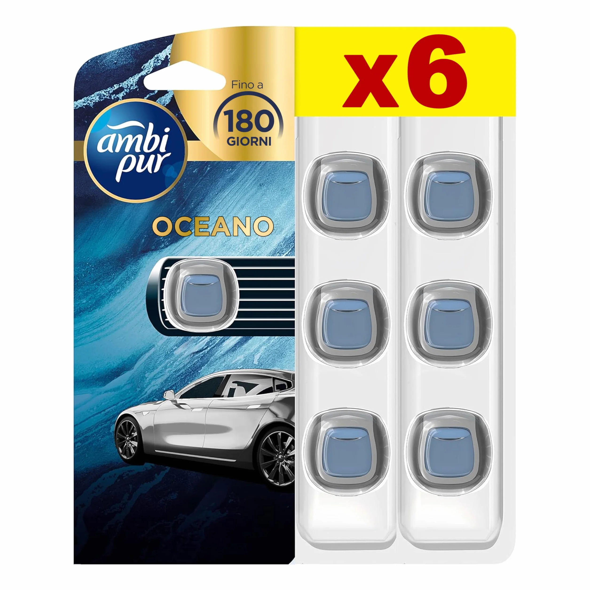 Ambi Pur Profumatore Auto, 6 Deodoranti Auto, Fragranza Oceano, Elimina Odori, 30 Giorni