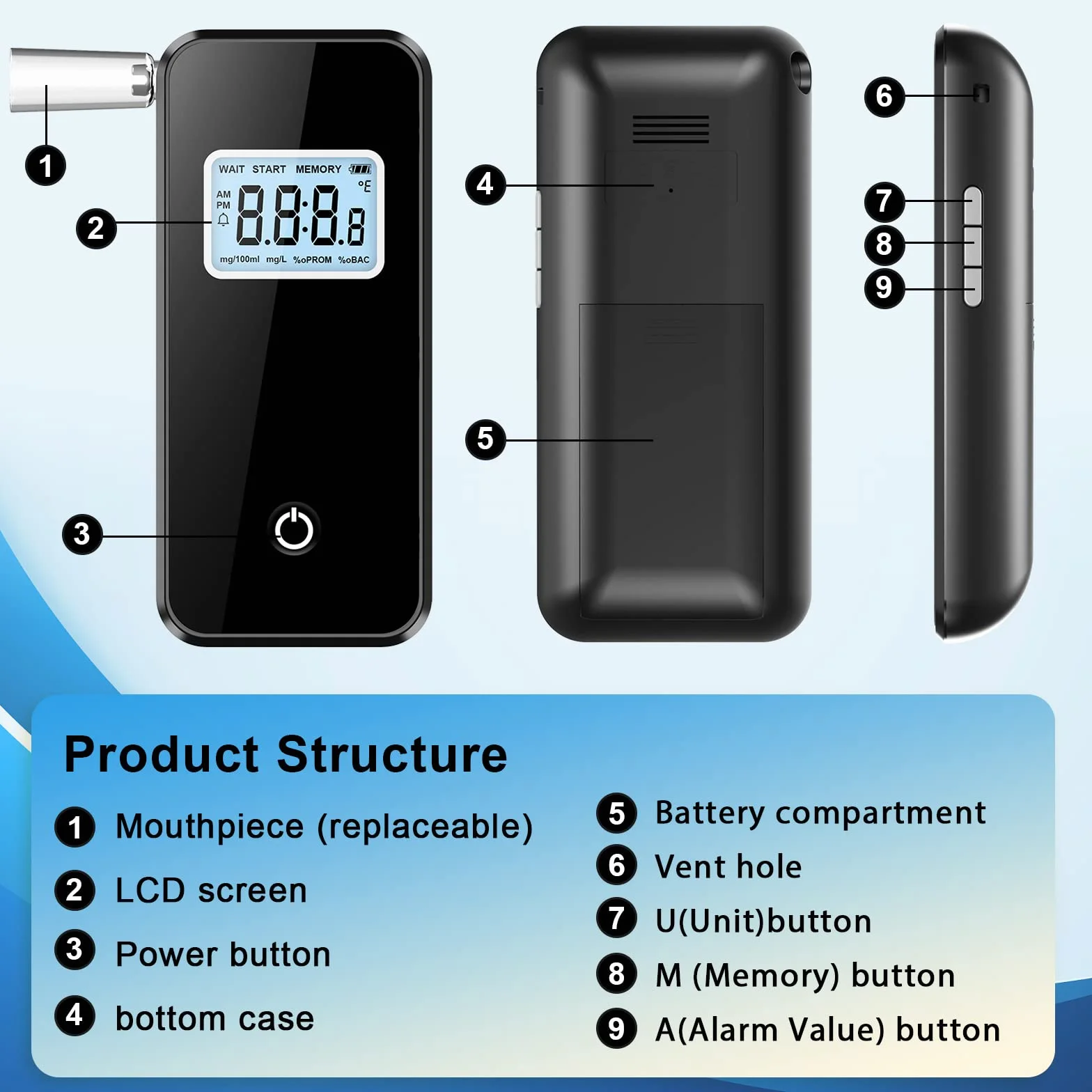 Etilometro, Portatile Test dell'alcool Digitale Professionale, Alcool Test con Precisione Sensore Semiconduttore, LCD Display e 20 Boccagli