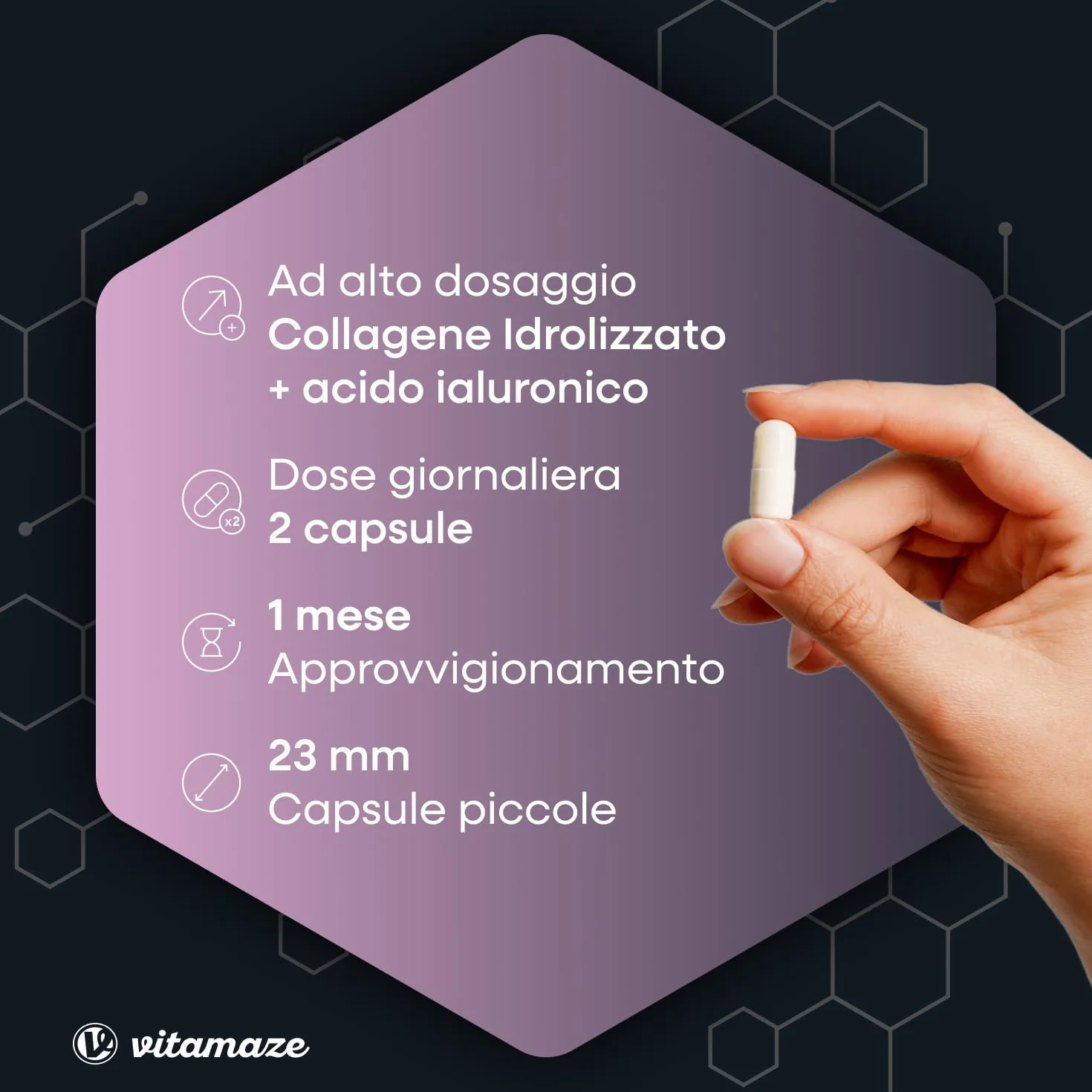 Vitamaze® Collagene con Acido Ialuronico + Condroitina + Lisina, 60 Capsule, Integratore per Pelle, Ossa e Articolazioni