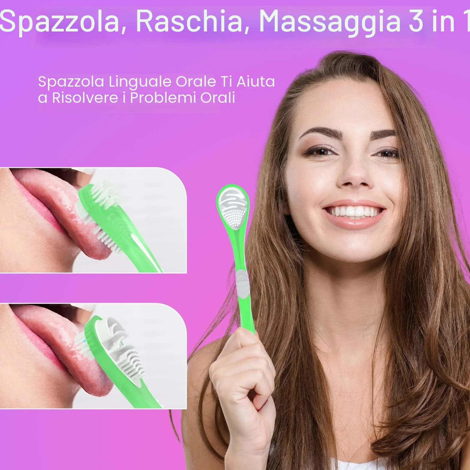 Raschietto per lingua con spazzola bifacciale, design morbido, 3 pacchi