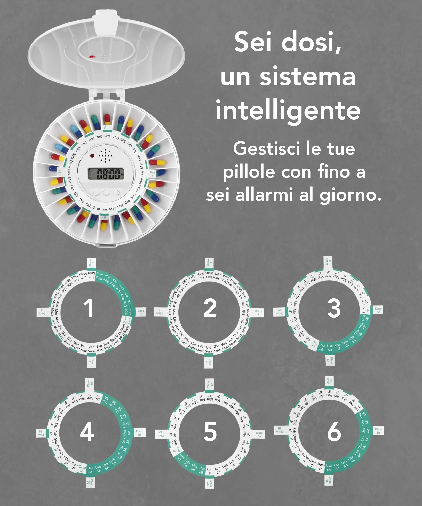 TabTime Dispenser automatico per pillole con coperchio fisso bloccabile, 6 allarmi al giorno