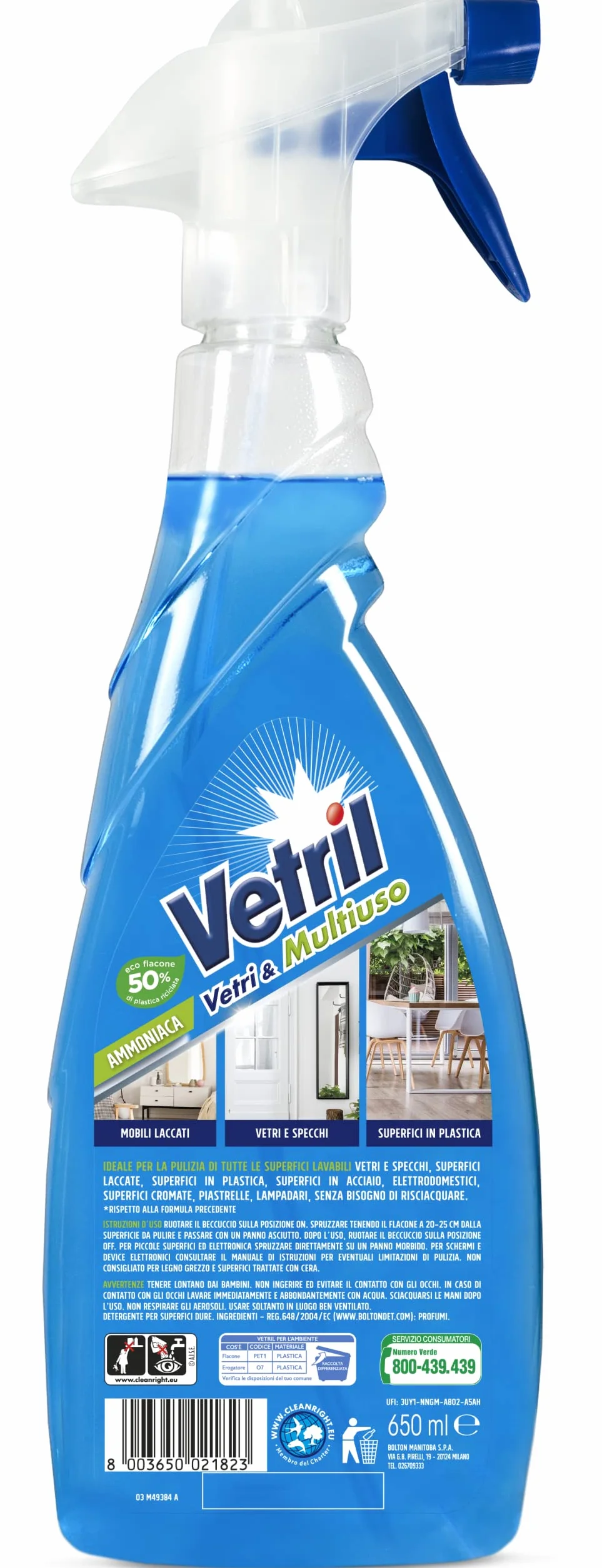 Vetril Detergente Spray Vetri e Superfici con Ammoniaca 650 ml x 4