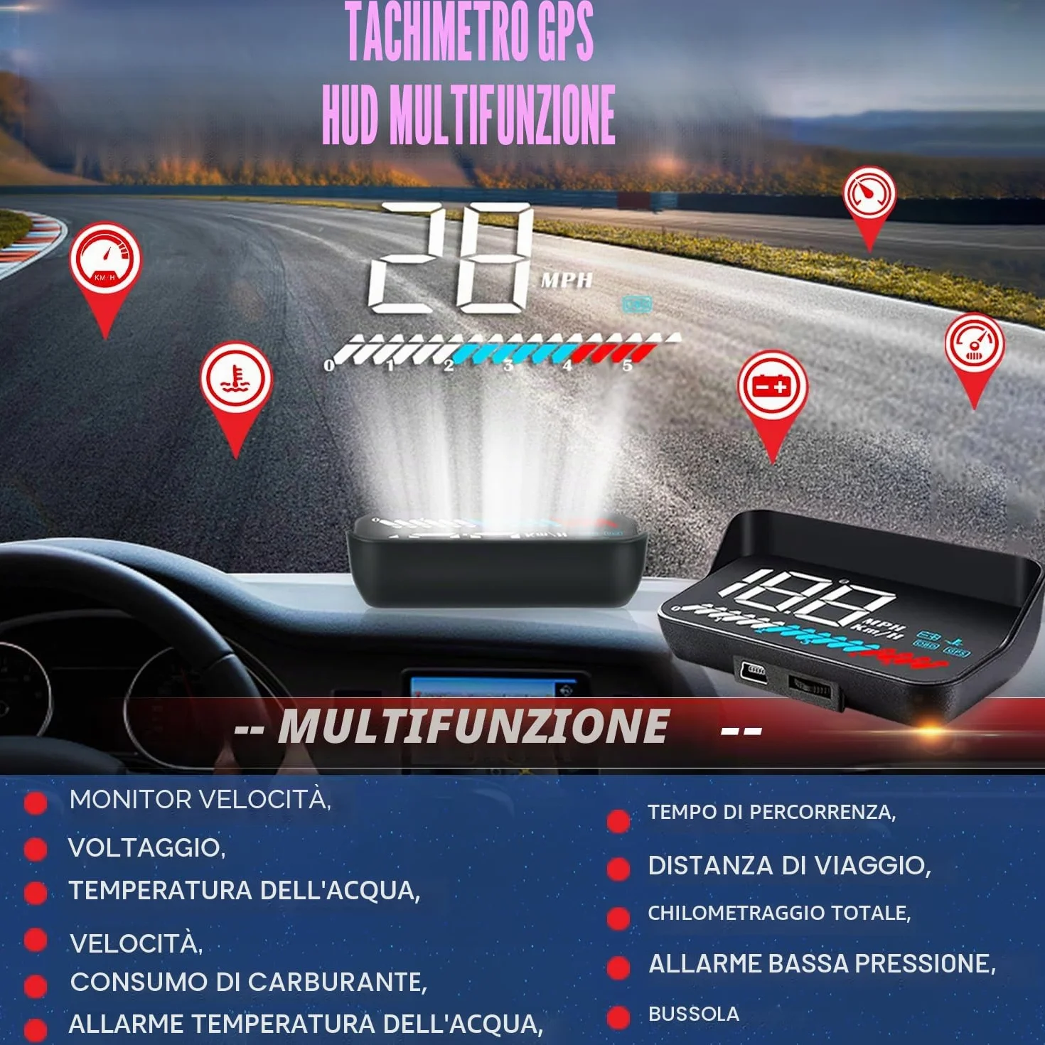 Auto HUD Display OBD2 & HUD Display GPS Dual System, Tachimetro Auto Misuratore di temperatura dell'acqua Misuratore di velocità del motore Allarme di sicurezza applicabile a tutti i veicoli