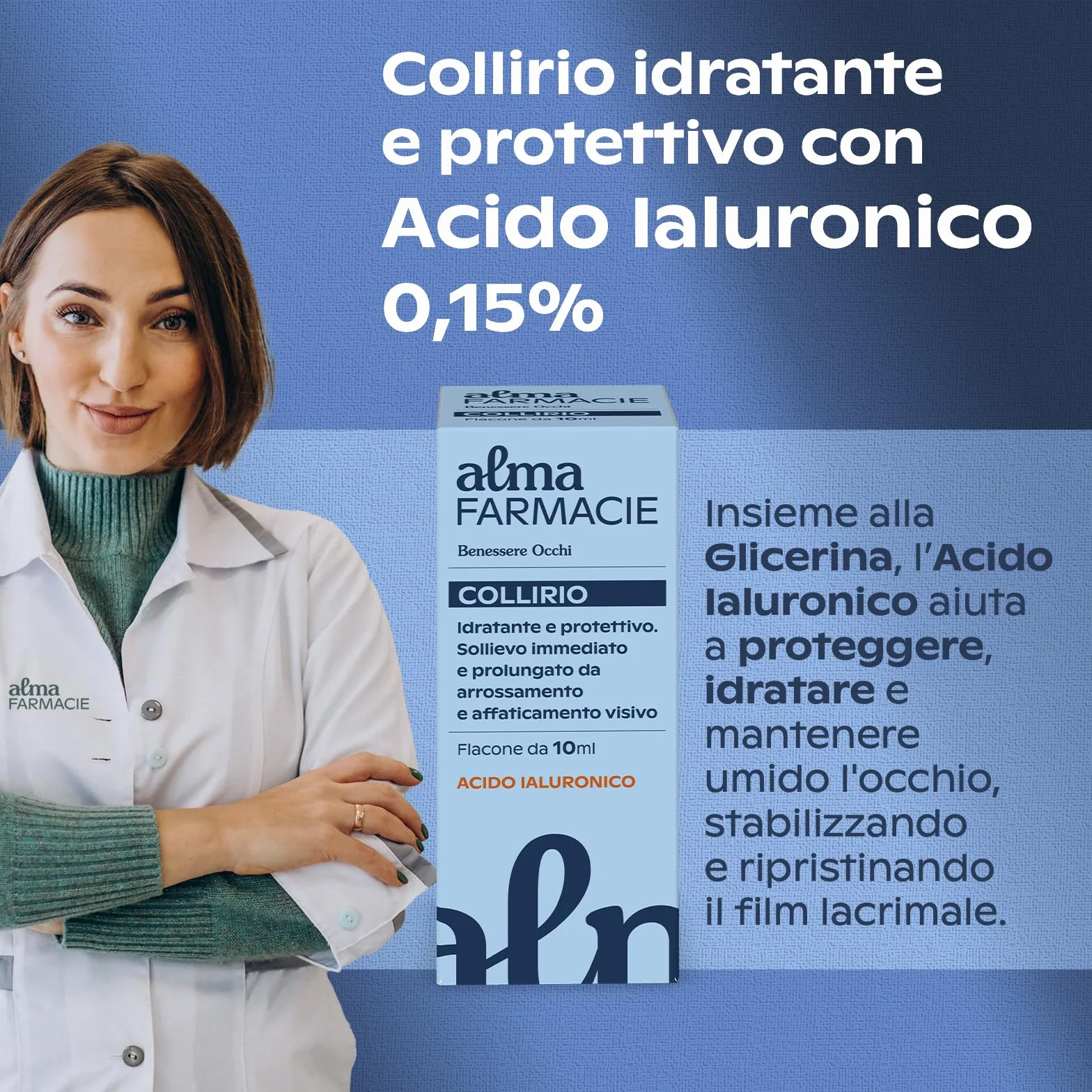 Collirio Alma Farmacie con Acido Ialuronico e Glicerina, Camomilla, Amamelide, Euphrasia, Mirtillo, Flacone 10 ml