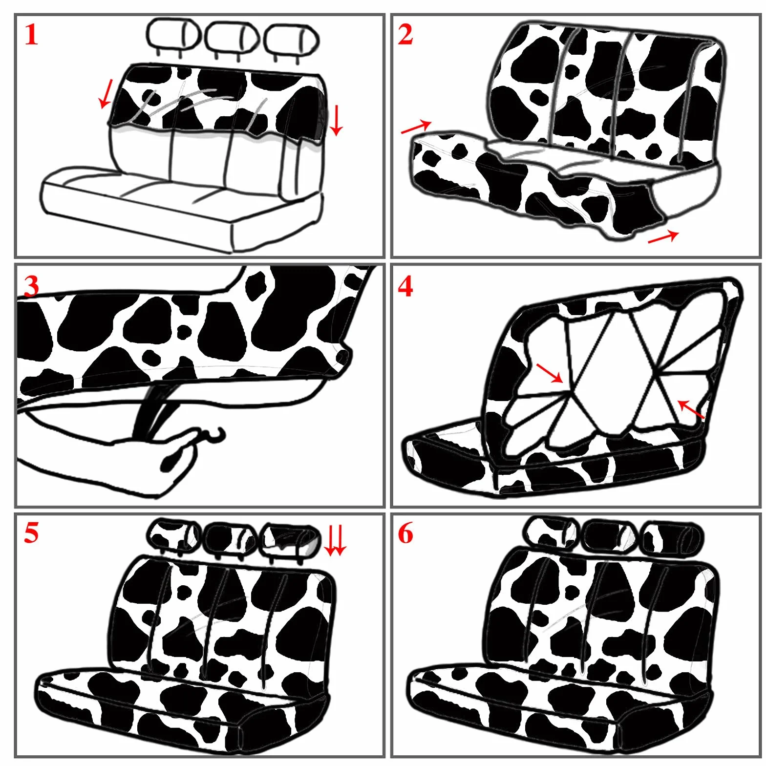Set completo di coprisedili per auto con stampa di mucca, set completo di accessori per auto con stampa di mucca, volante in gomma, cuscinetto per bracciolo, cuscinetti per cintura di sicurezza