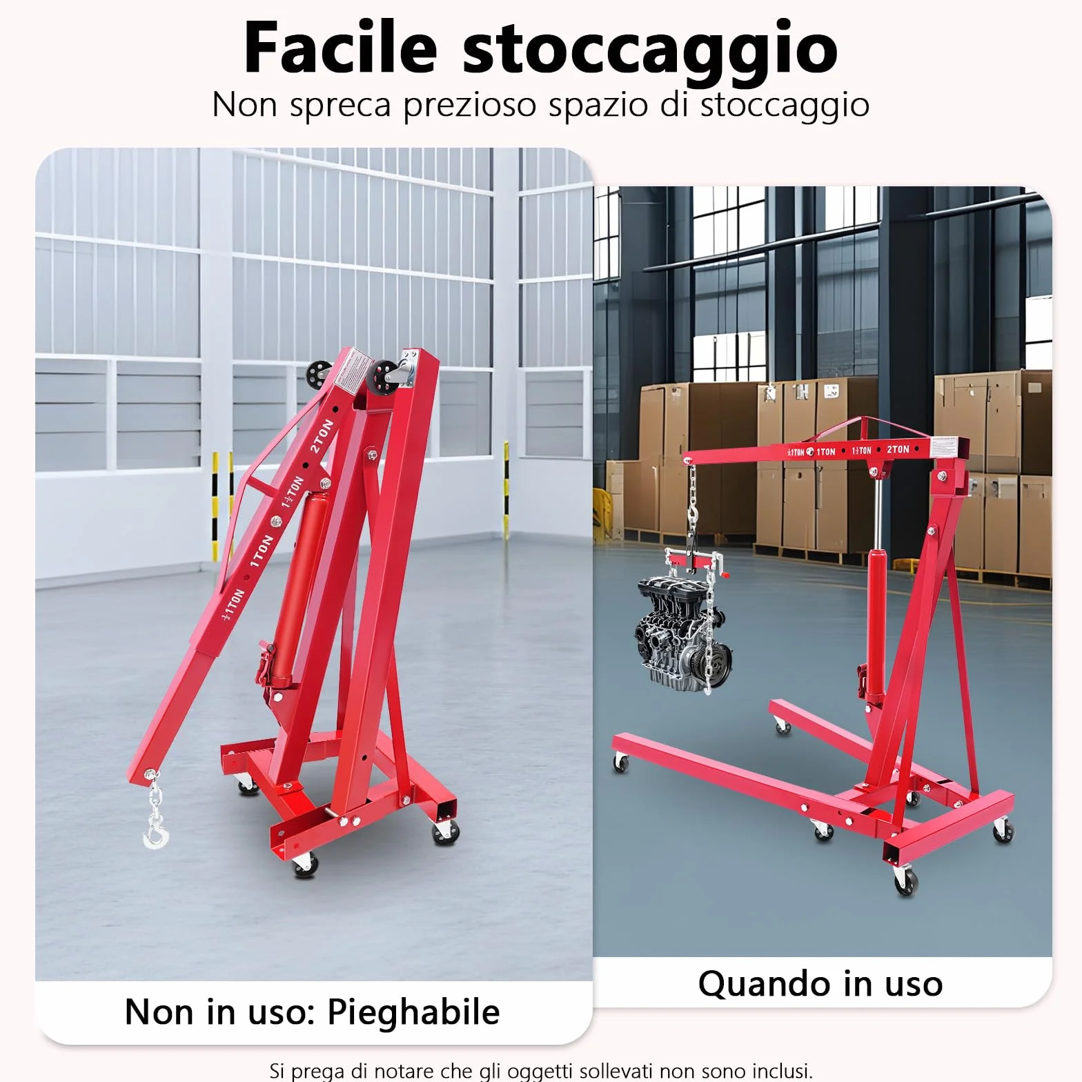 Gru da officina pieghevole 2000 kg acciaio carbonio 148 cm 4 posizioni regolabili confezione da 2