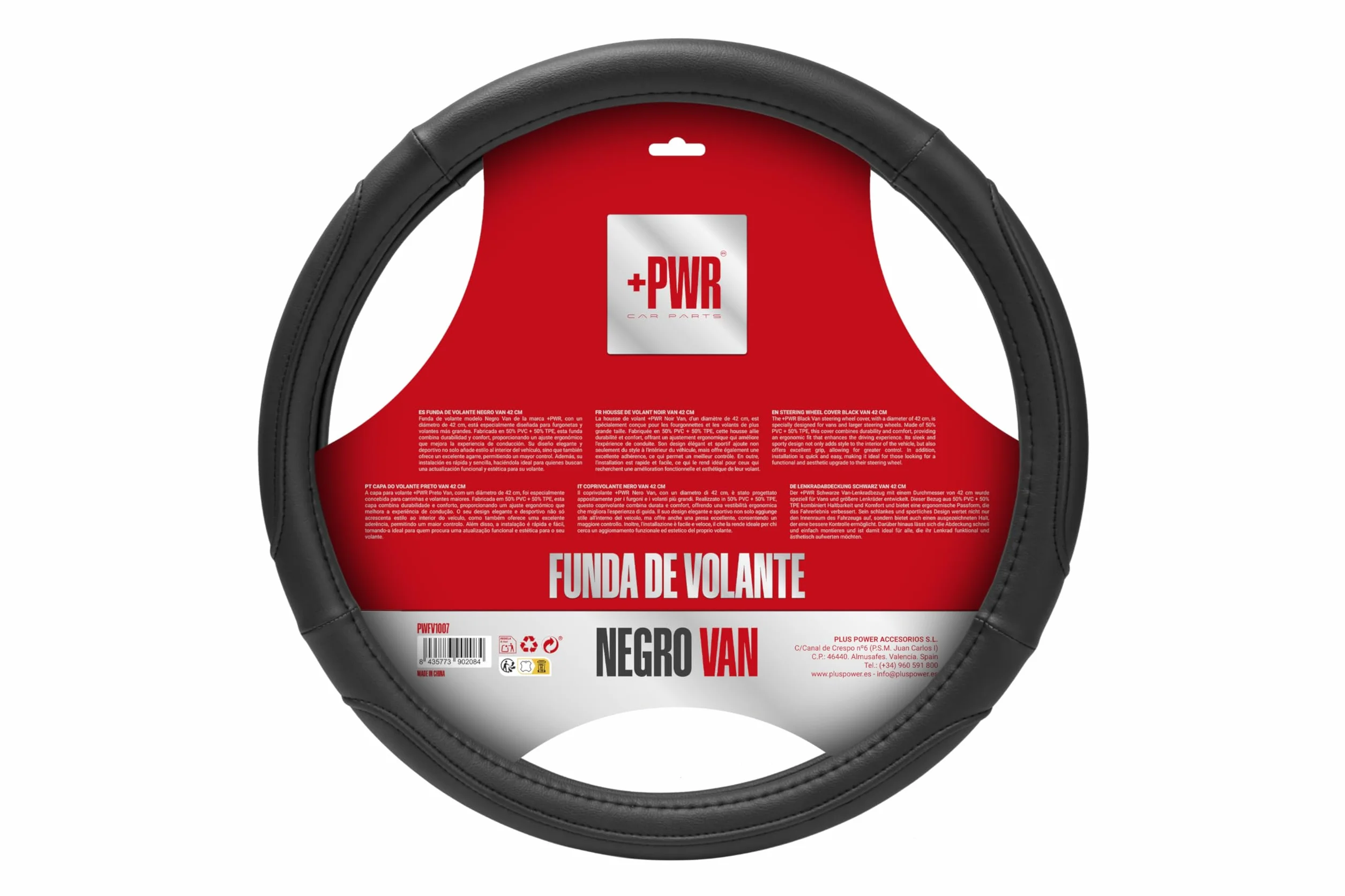 Coprivolante modello Van Nero Universale per volanti di furgoni da 42 cm. Antiscivolo. Realizzato in 50% PVC + 50% TPE di alta qualità.