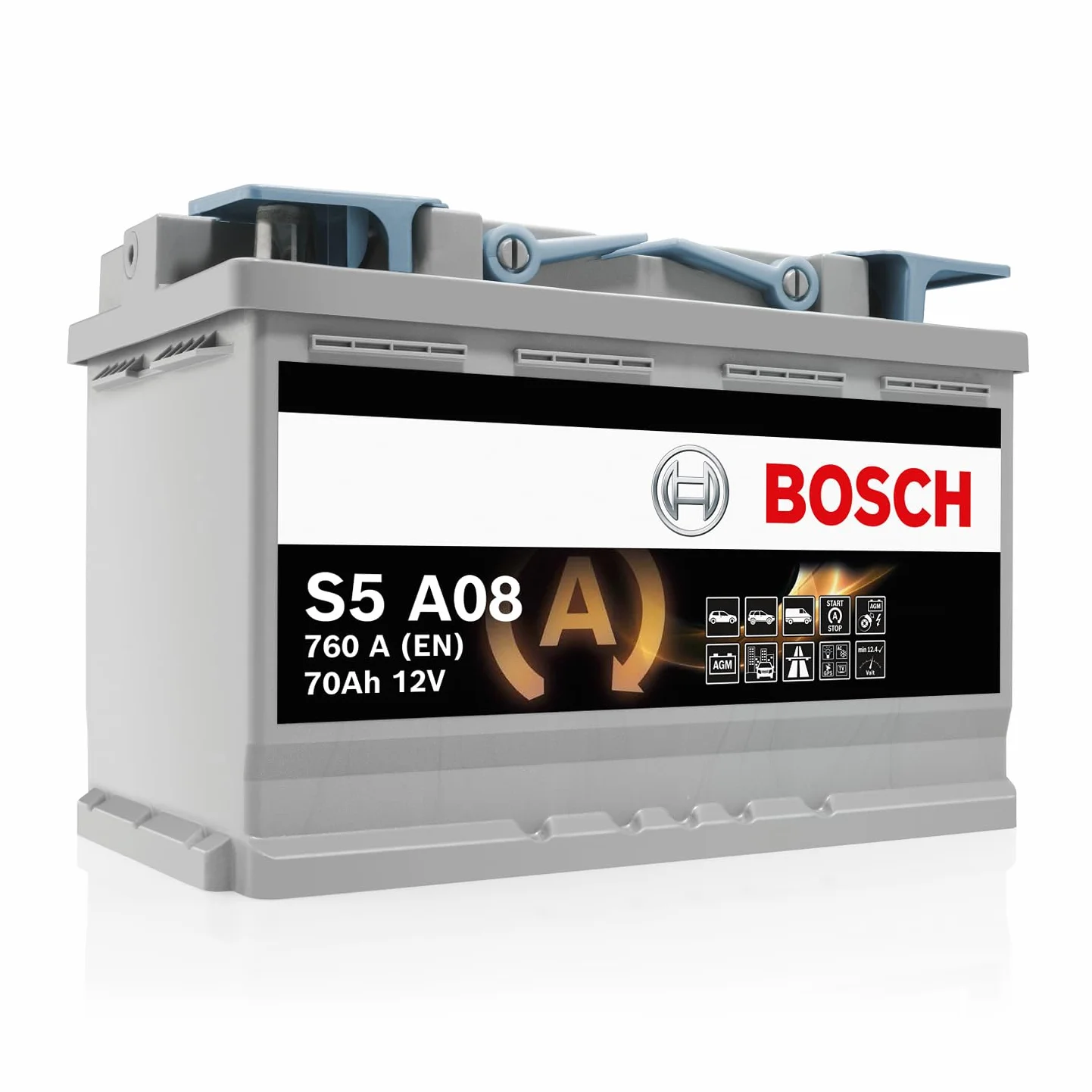 Bosch S5 A08 Batteria Auto AGM 70 A/h - 760 A - 12 V, Batteria AGM al Piombo-Acido per Veicoli con Sistema Start/Stop, Polarità: Sinistra (-) Destra (+), 278 x 175 x 190 mm