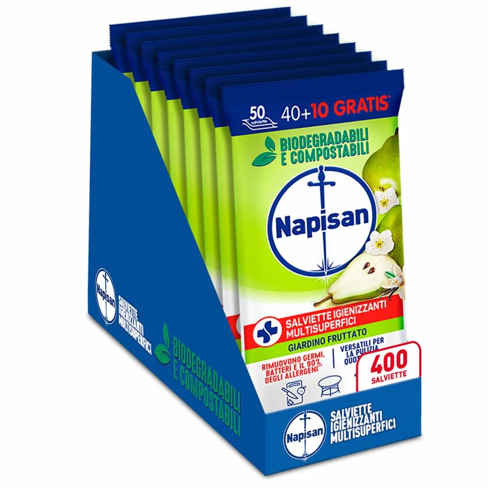 Napisan Salviette Igienizzanti Multisuperfici Giardino Fruttato, Confezione da 400 Salviette Biodegradabili