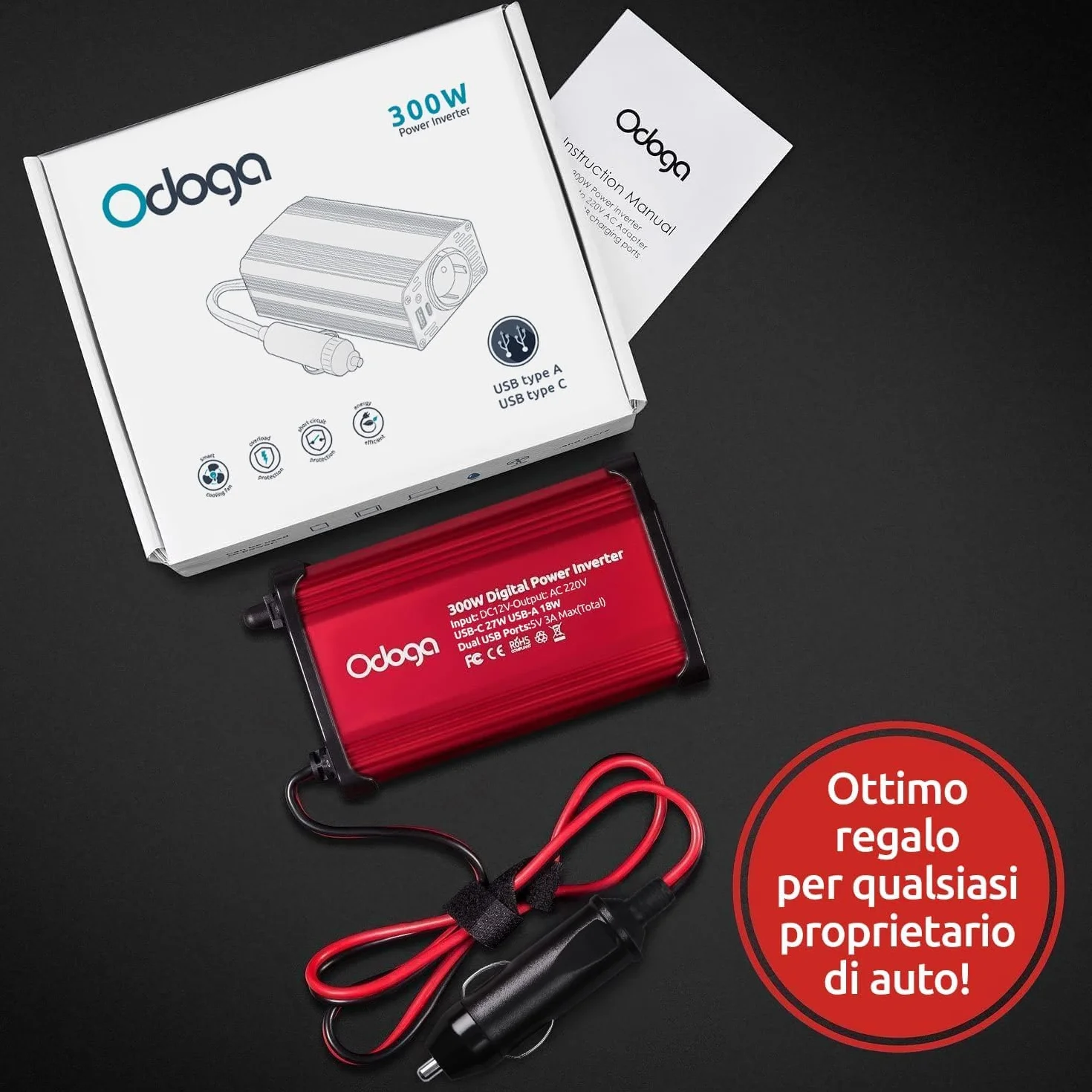 Odoga Inverter 12V 220V 300W Convertitore Auto Presa Elettrica Trasformatore Camper Doppia USB