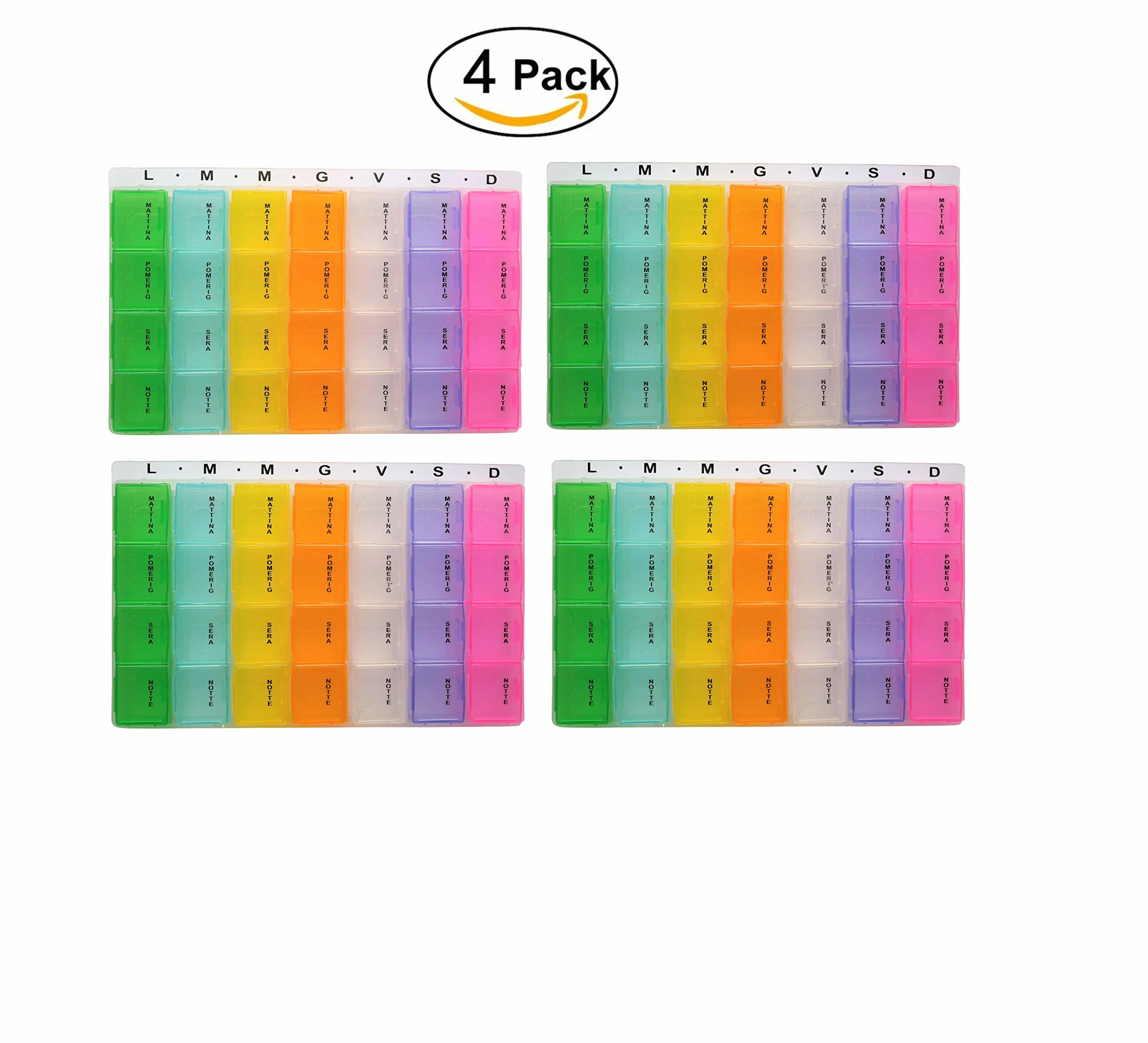 Porta Pillole Settimanale 28 Scomparti 4 Pack, Contenitore per Pillole con 7 Giorni Mattino Pomeriggio Sera Notte