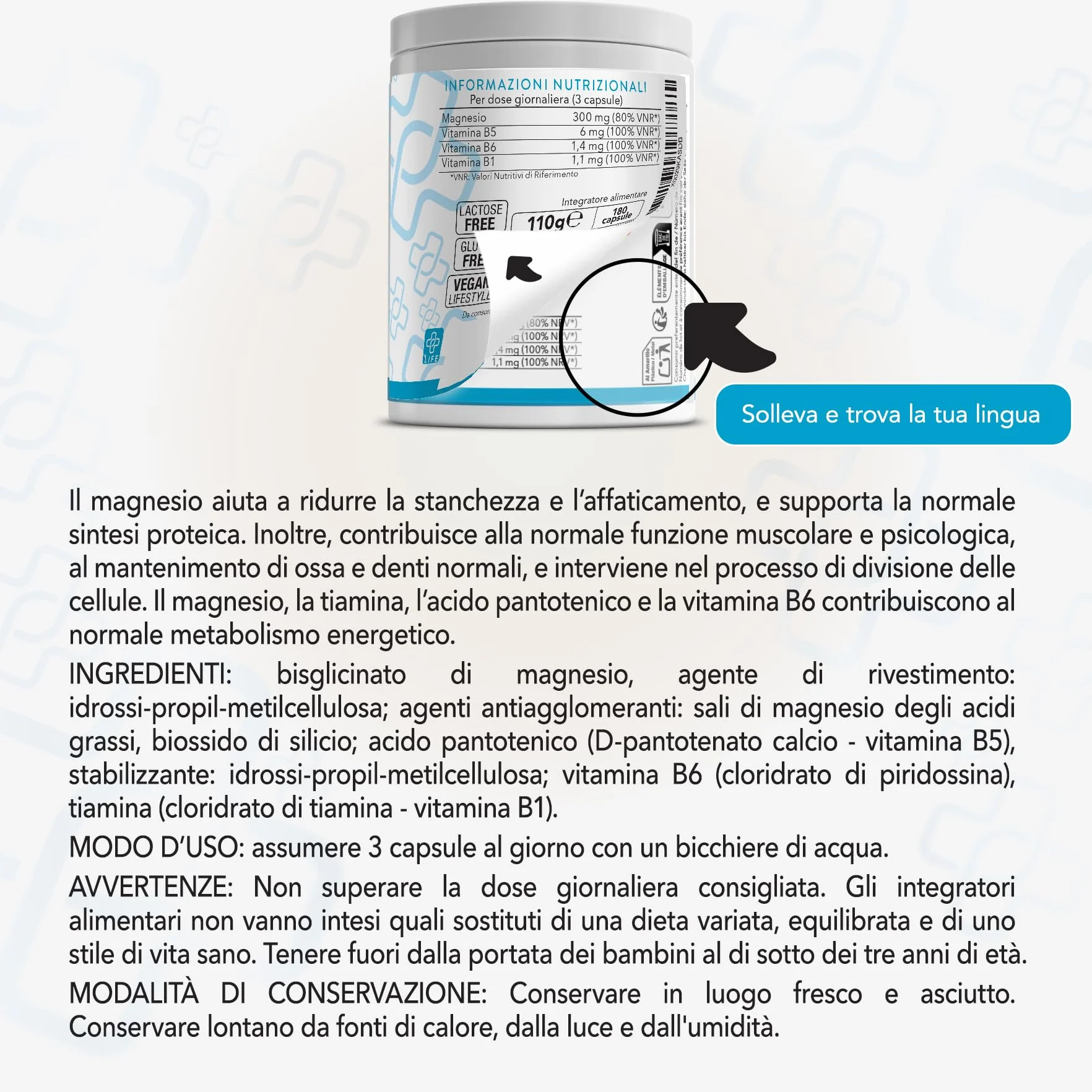 PiùLife Magnesio Bisglicinato 300mg con Vitamina B6 B1 B5 Integratore Alta Biodisponibilità per Muscoli Ossa Sistema Nervoso Stress