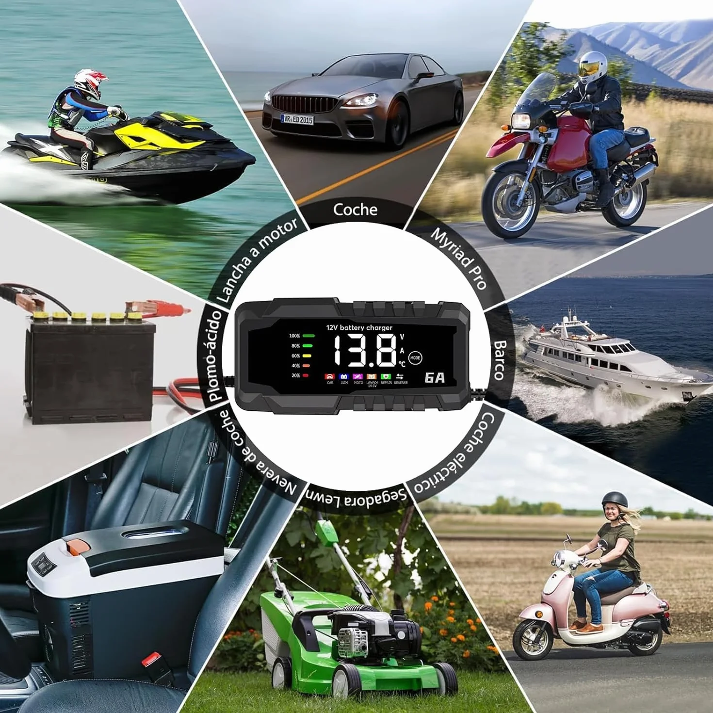 SQUADO Caricabatteria 6A 12V Intelligente per Auto, Moto, Scooter – Ricarica Automatica con Display LCD, Protezione da Sovraccarico e Inversione Polarità, per Batterie Piombo AGM/GEL/WET