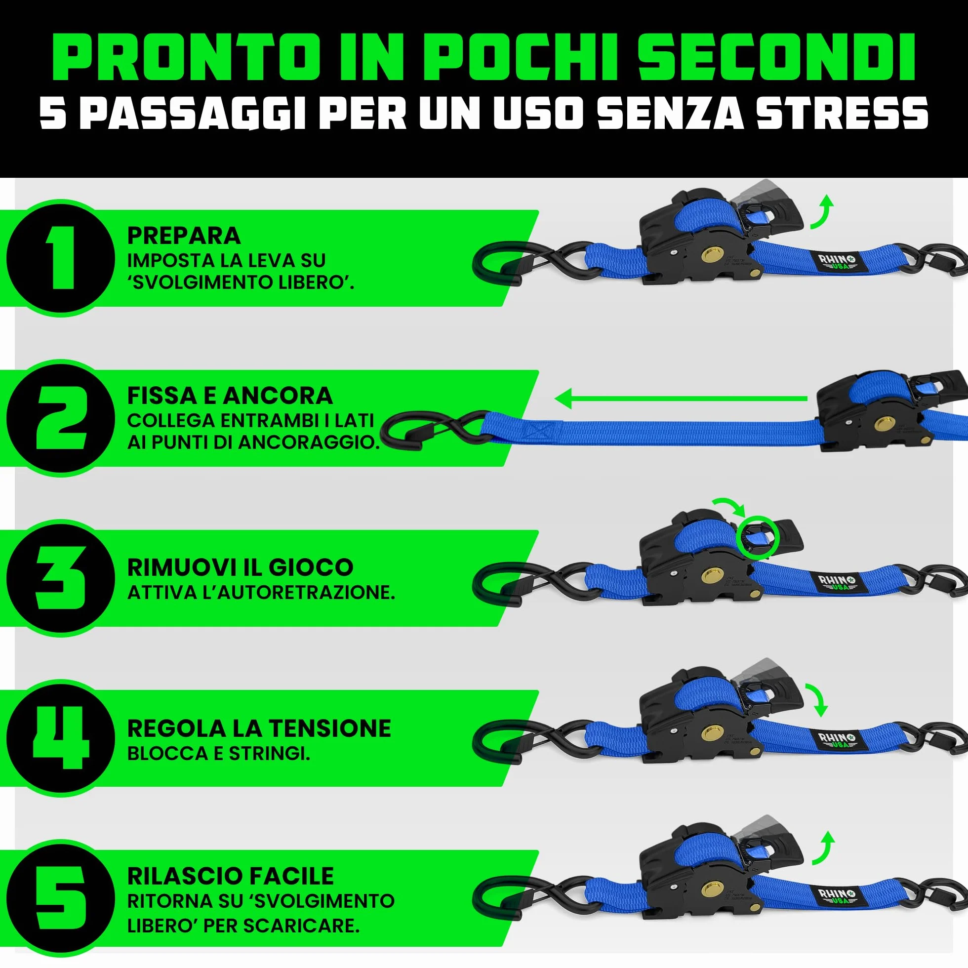 Rhino USA Cinghie a Cricchetto Retrattili 2.5cm x 3m 540kg Confezione da 2 Blu