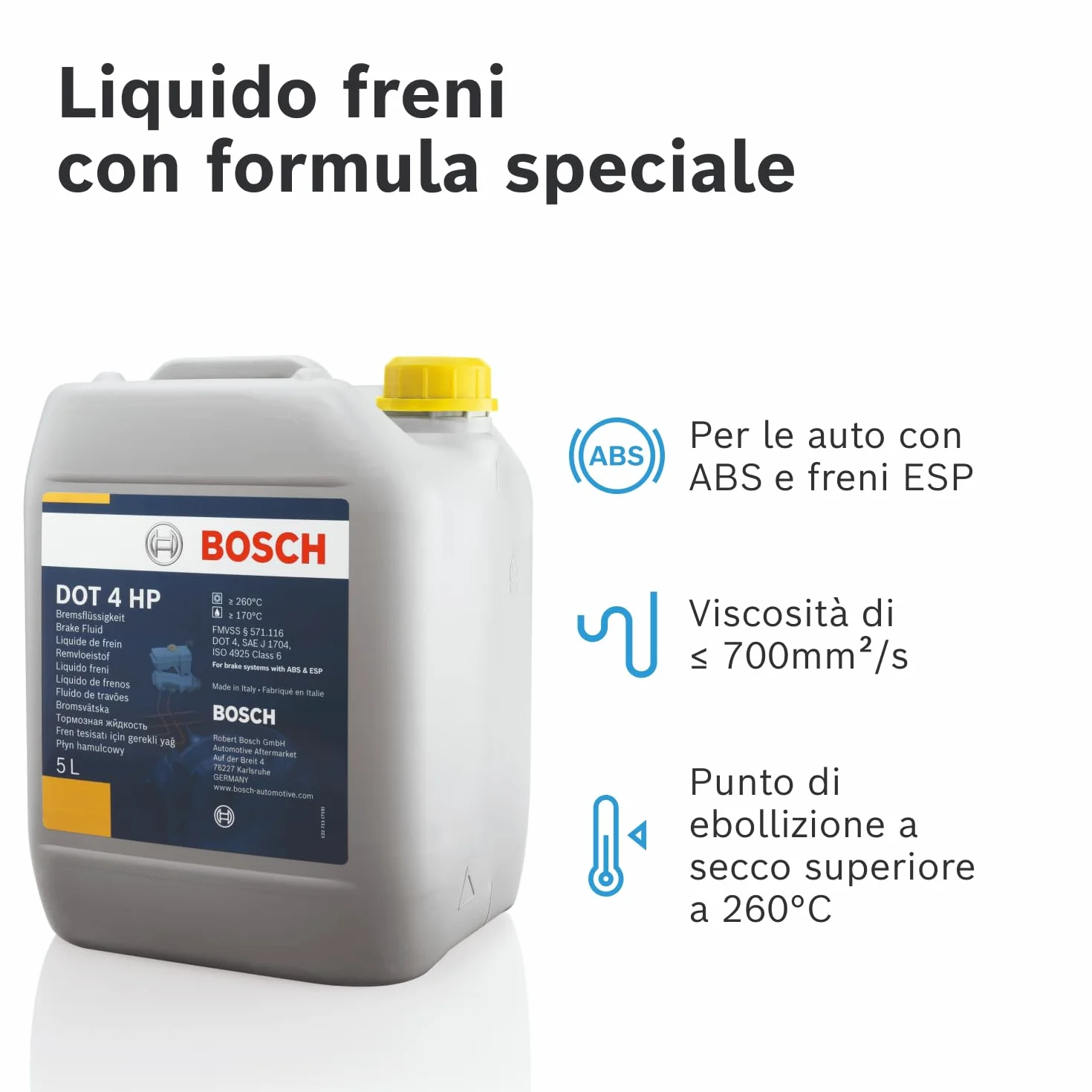 Liquido Freni Bosch DOT 4 HP, 5 L – Per tutti i veicoli moderni con freni ABS e ESP