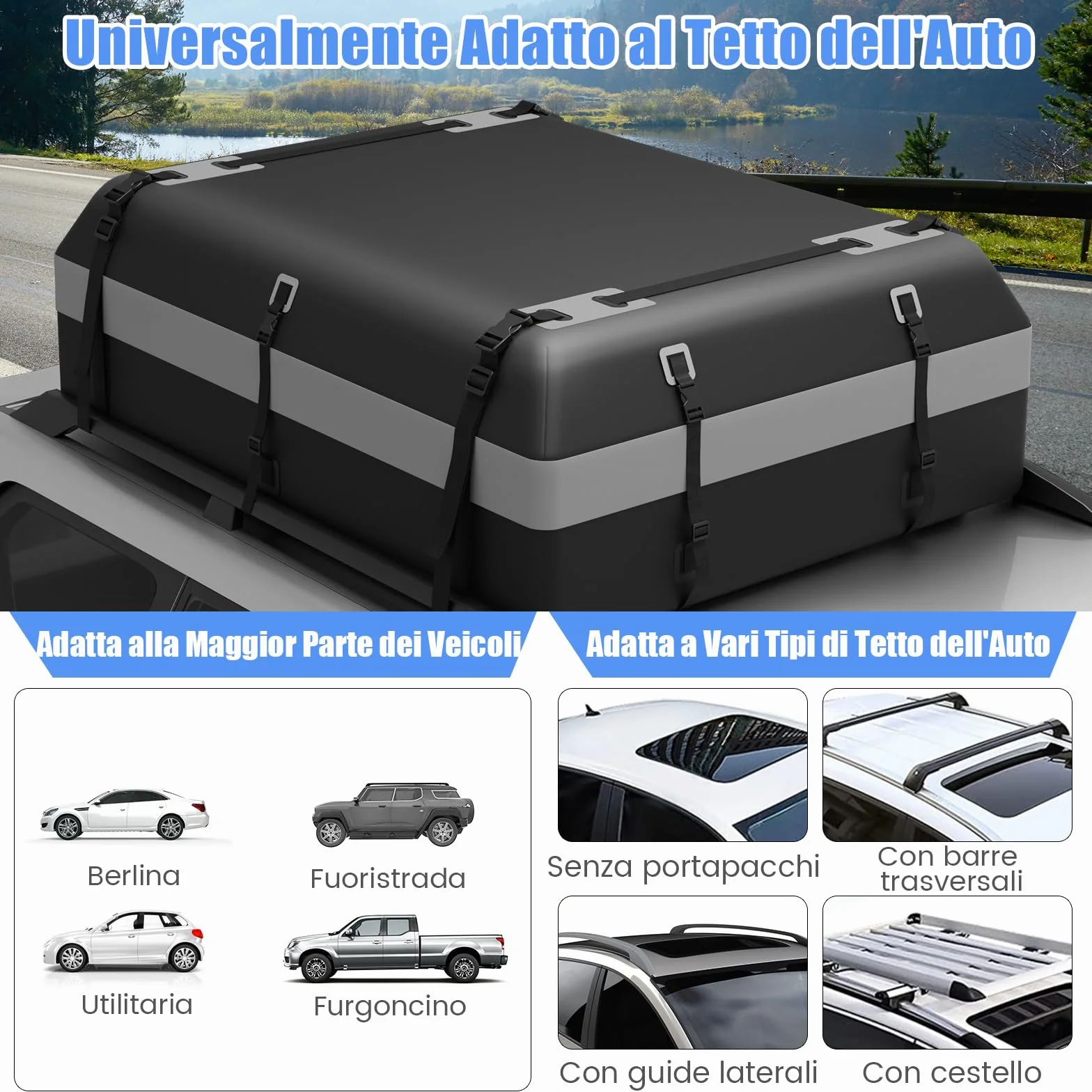 COSTWAY Borsa da Tetto per Auto Impermeabile 21Cu.Ft/595L, Box Tetto Universale con Tappetino Antiscivolo+ 12/14 Cinghie+ 6 Ganci, Sacca per Auto con/senza Barre Portapacchi (Grigio, 21Cu.Ft/595L)