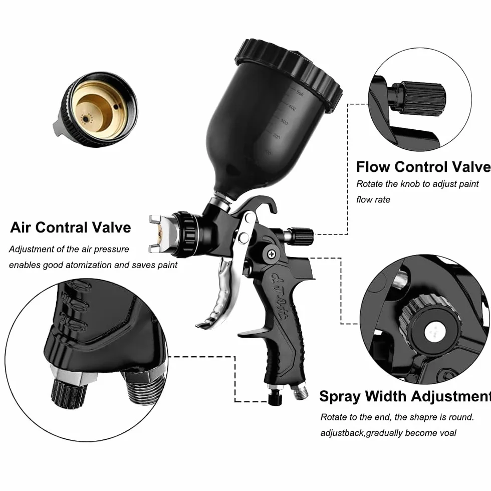 HVLP pistola a spruzzo per verniciare 4 ugelli 1,3mm 1,5mm 1,8mm 2,5mm Nero