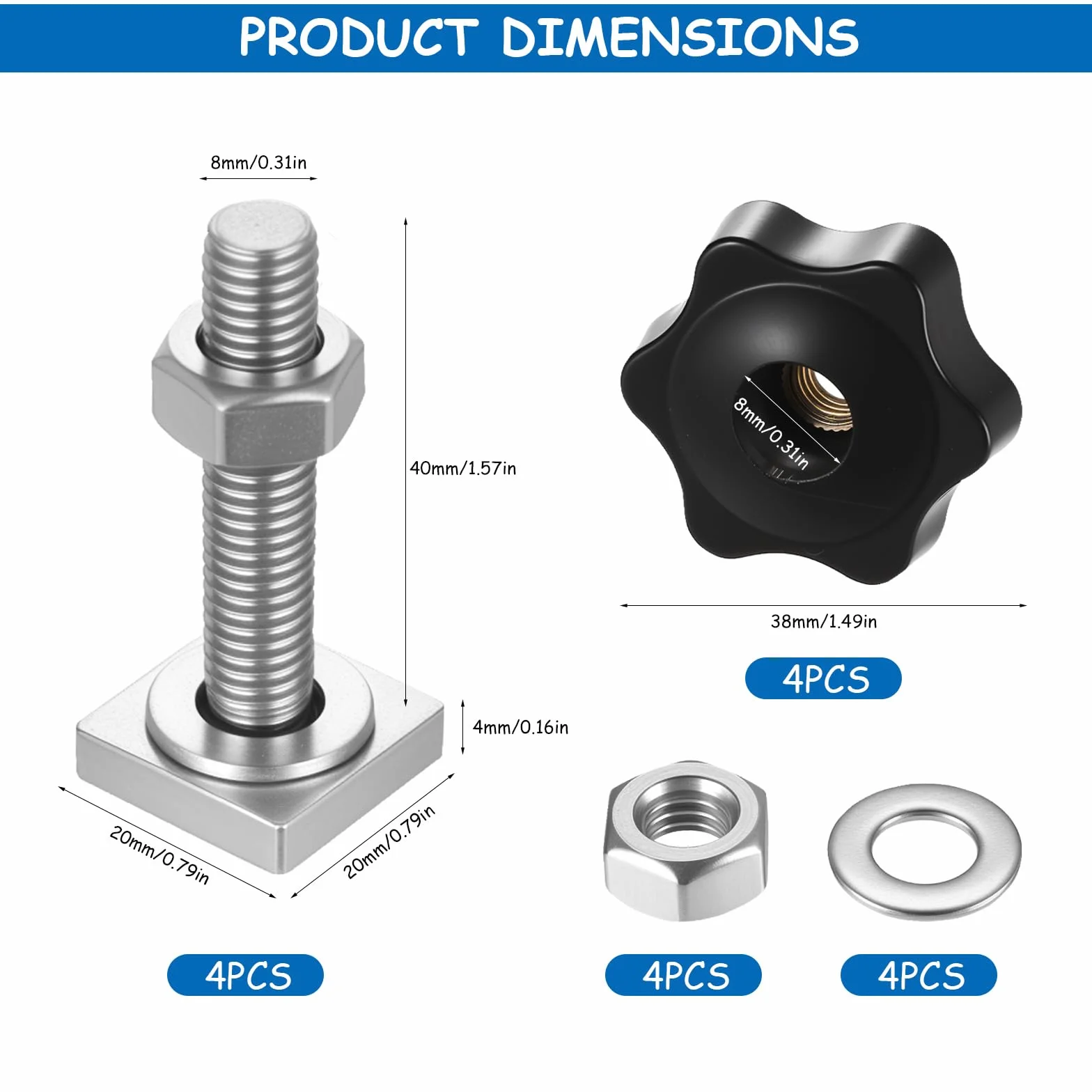 4 Set Dadi Scanalati a T M8 x 40 mm, Dadi a T M8, Adattatori Bulloni a T con Dadi a Stella e Rondelle per Adattatori Portapacchi, Box da Tetto, Portabici e Binari