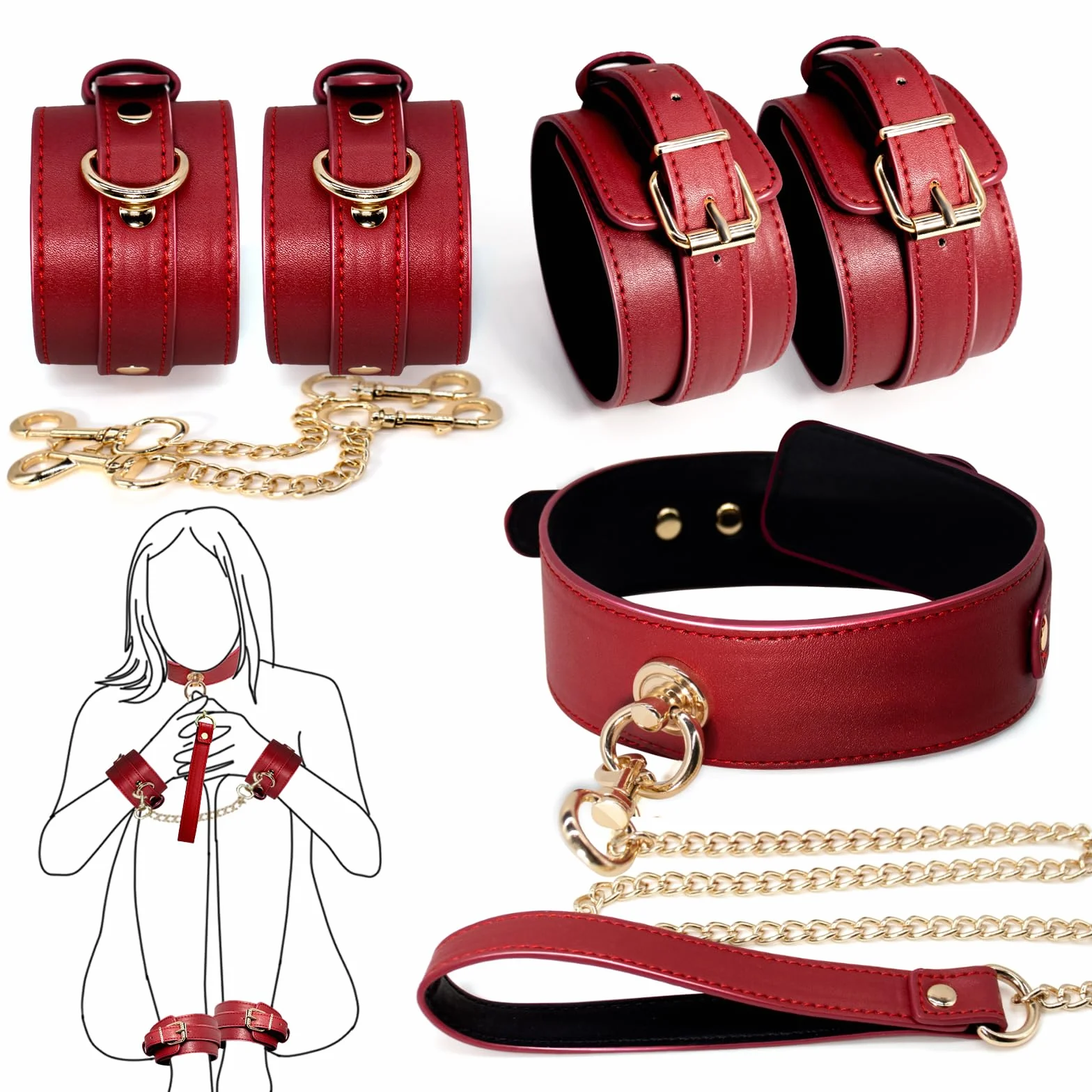 BDSM Bondage Kit Manette in Pelle Regolabili per Mani e Caviglie con Collare e Guinzaglio per Donna