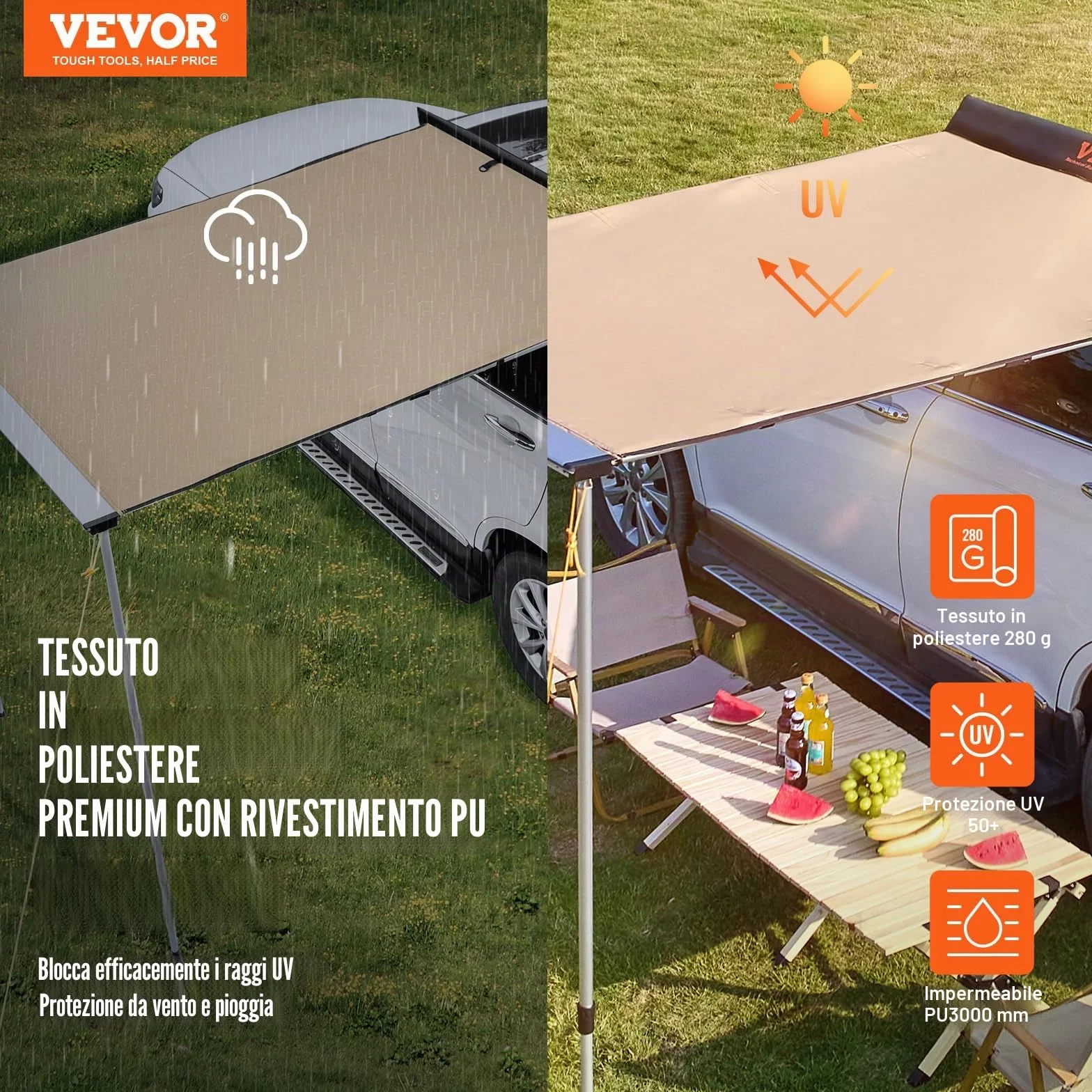 VEVOR Tendalino Laterale Retrattile 2x2,5 m Impermeabile UV50+ PU3000 per Auto Camper SUV