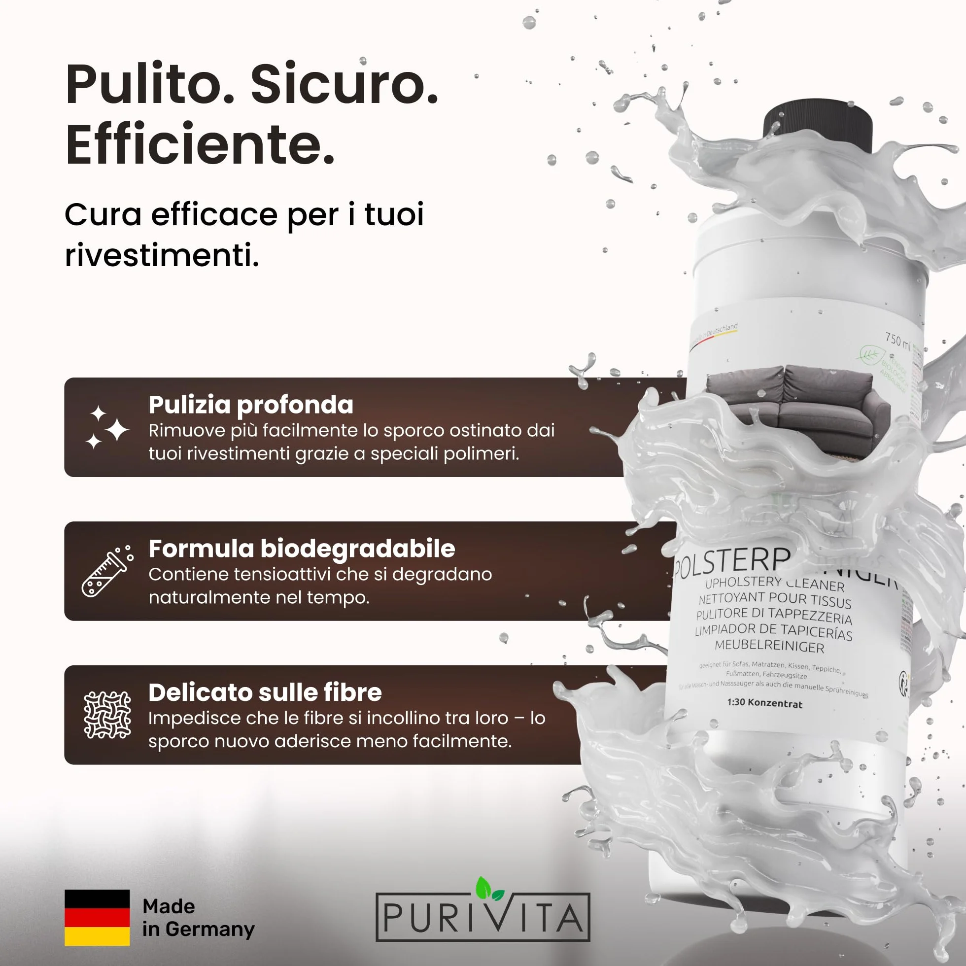 PURIVITA® Pulitore di Tappezzeria 750ml - Detersivo per Tappeti - Concentrato 1:30 Senza APEO e Fosfati