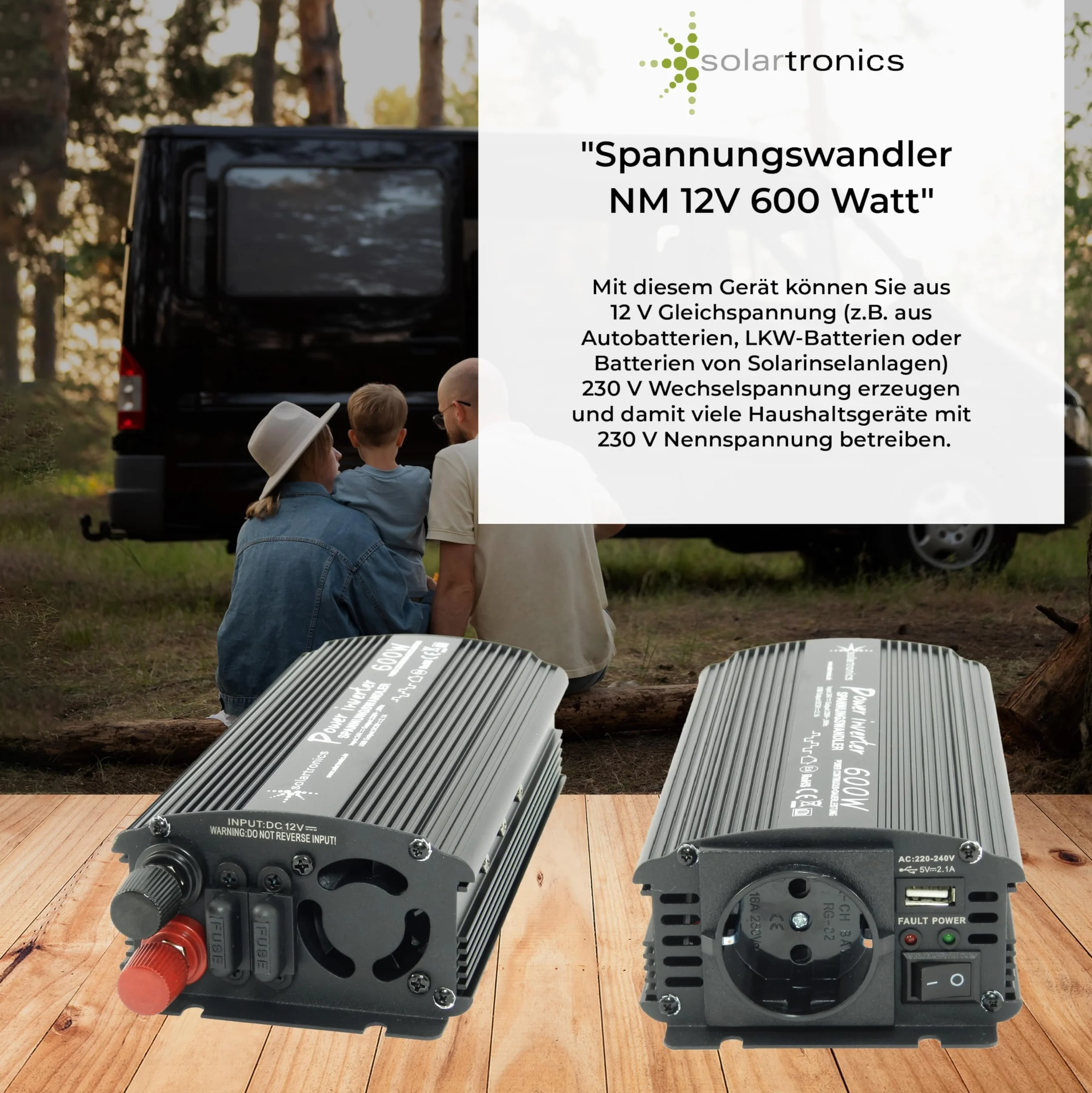 SOLARTRONICS Trasformatore di tensione NM600, 12 V, 600 W, 1200 Watt, inverter da 12 V a 230 V, compatibile con batteria LiFePO4