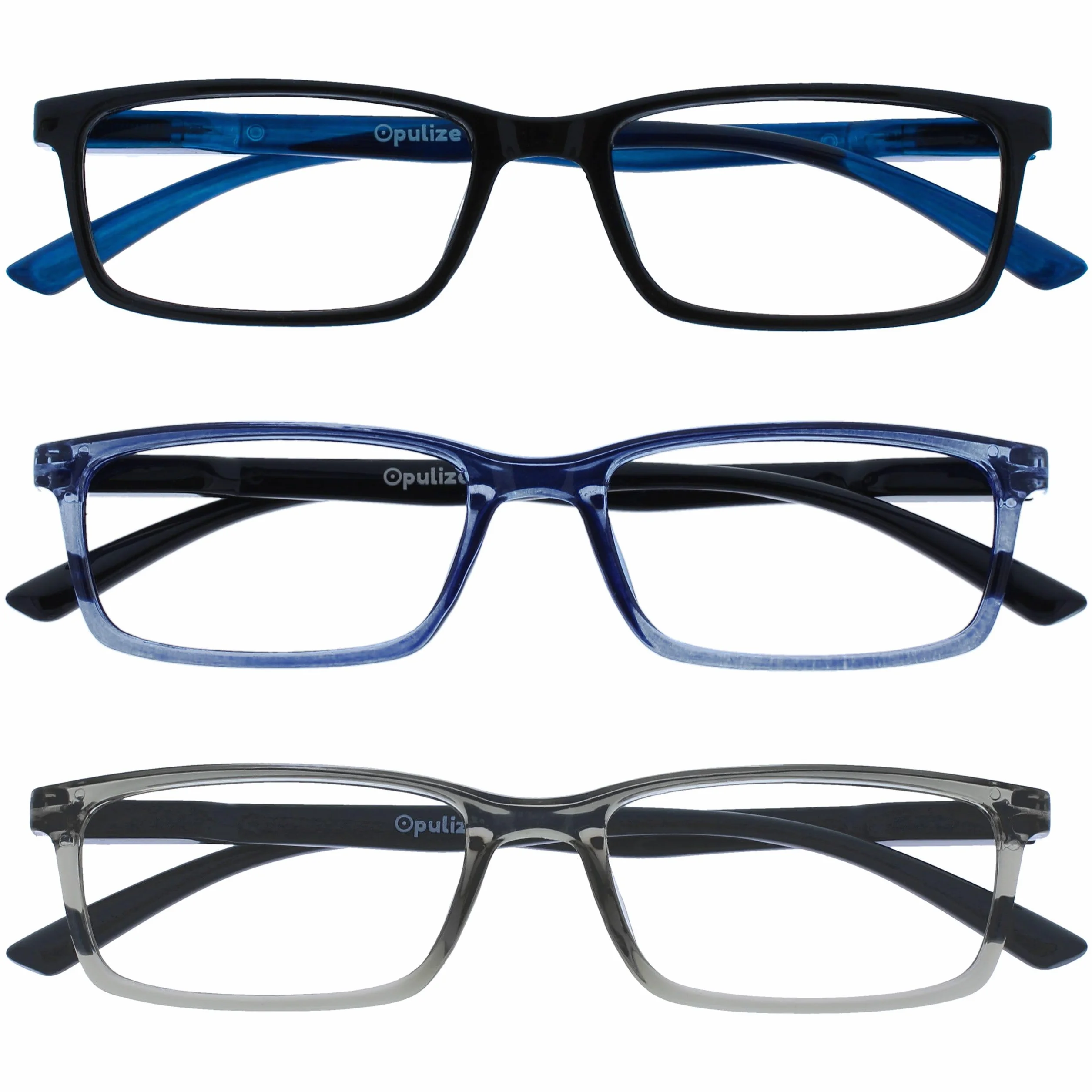 Occhiali da Lettura Filtro Luce Blu Set da 3 Montatura Stretta Cerniere a Molla Anti Riflesso Nero Blu Trasparente Grigio +2.50
