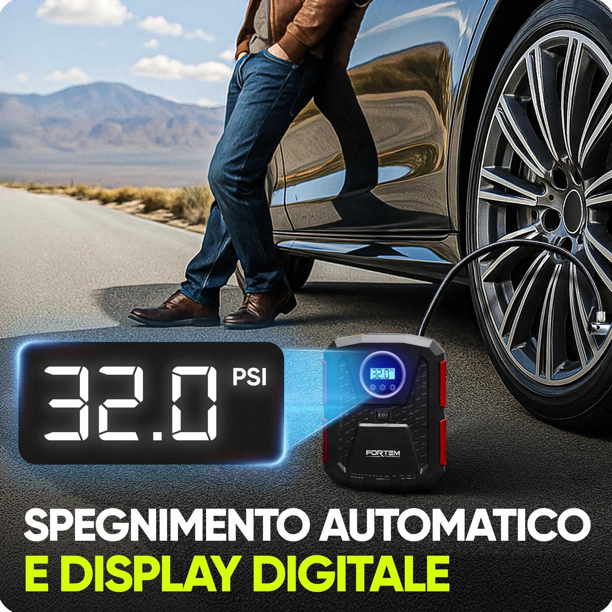 FORTEM Compressore Aria Portatile Manometro Digitale Gonfiaggio Automatico