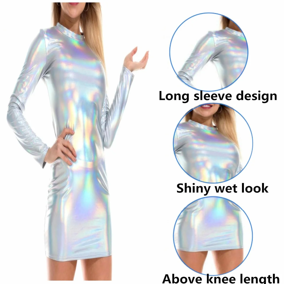 Abito da donna lucido maniche lunghe mini abito aderente pelle elasticizzata scollo tondo effetto bagnato metallizzato slim fit per spettacoli feste notturne