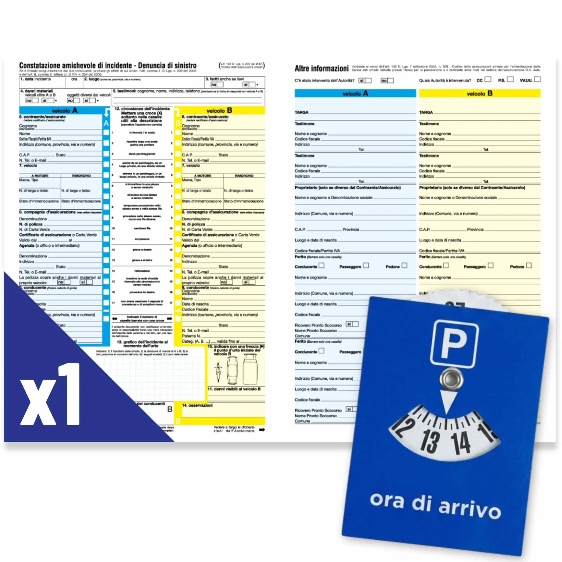 Constatazione Amichevole Incidente Kit Completo Modulo Blu Parchimetro Auto Moto Italiano Conforme Normative
